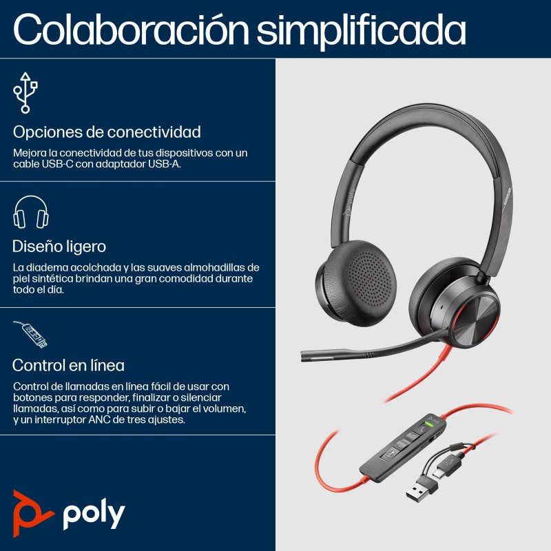 Thumbnail 2 de Poly Blackwire 8225 Auriculares Estéreo USB-C con Adaptador 🎧