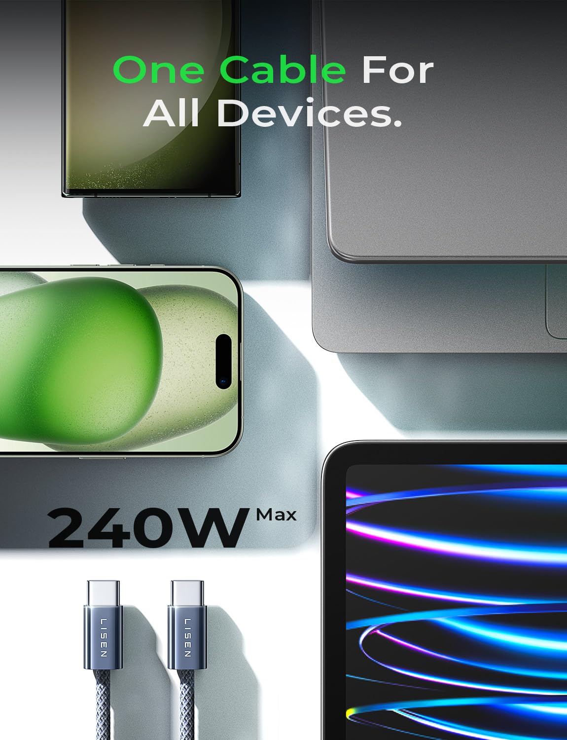 Detalle 2 de LISEN 240W USB‑C Kabelset (2 Stück: 2 m + 3 m) – PD3.1 EPR, USB‑C zu USB‑C, High‑Power Ladekabel