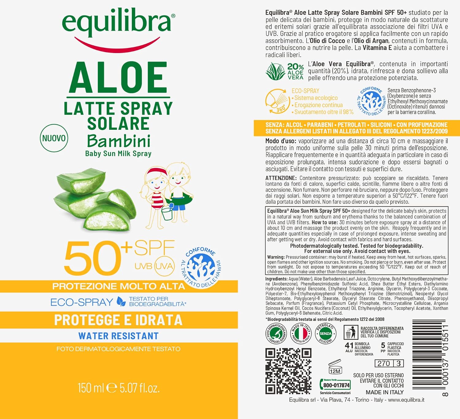 Detalle 2 de equilibra Solari Aloe Latte Spray Solare Bambini SPF 50+