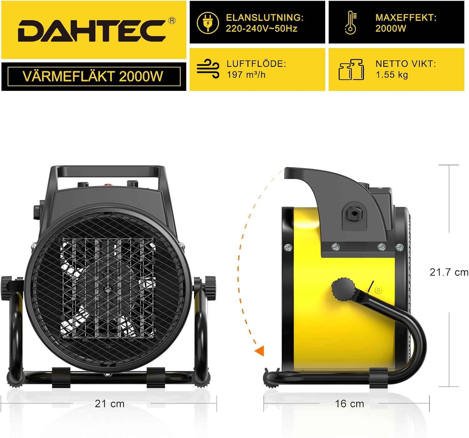 Detalle de DAHTEC BGP1506-02 keramisk värmefläkt, 2 000 W med tre lägen
