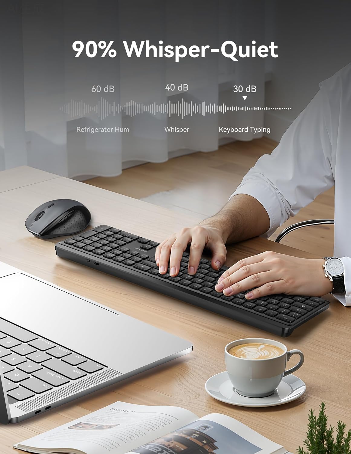 Detalle 2 de TECKNET Silent Wireless Keyboard: UK layout, multi‑device connect (2.4GHz + Bluetooth) with ergonomic design