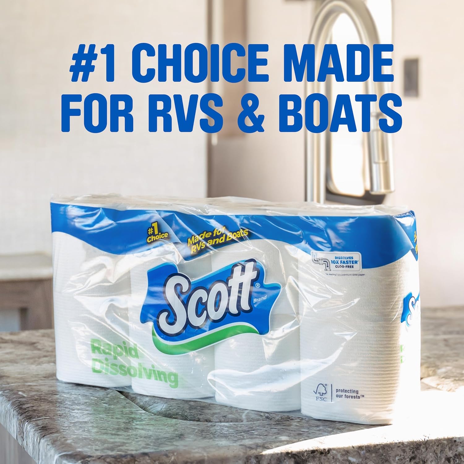 Detalle de Scott Rapid-Dissolving Toilet Paper: 48 Double Rolls, 1-Ply, Septic-Safe and RV/Boat Ready