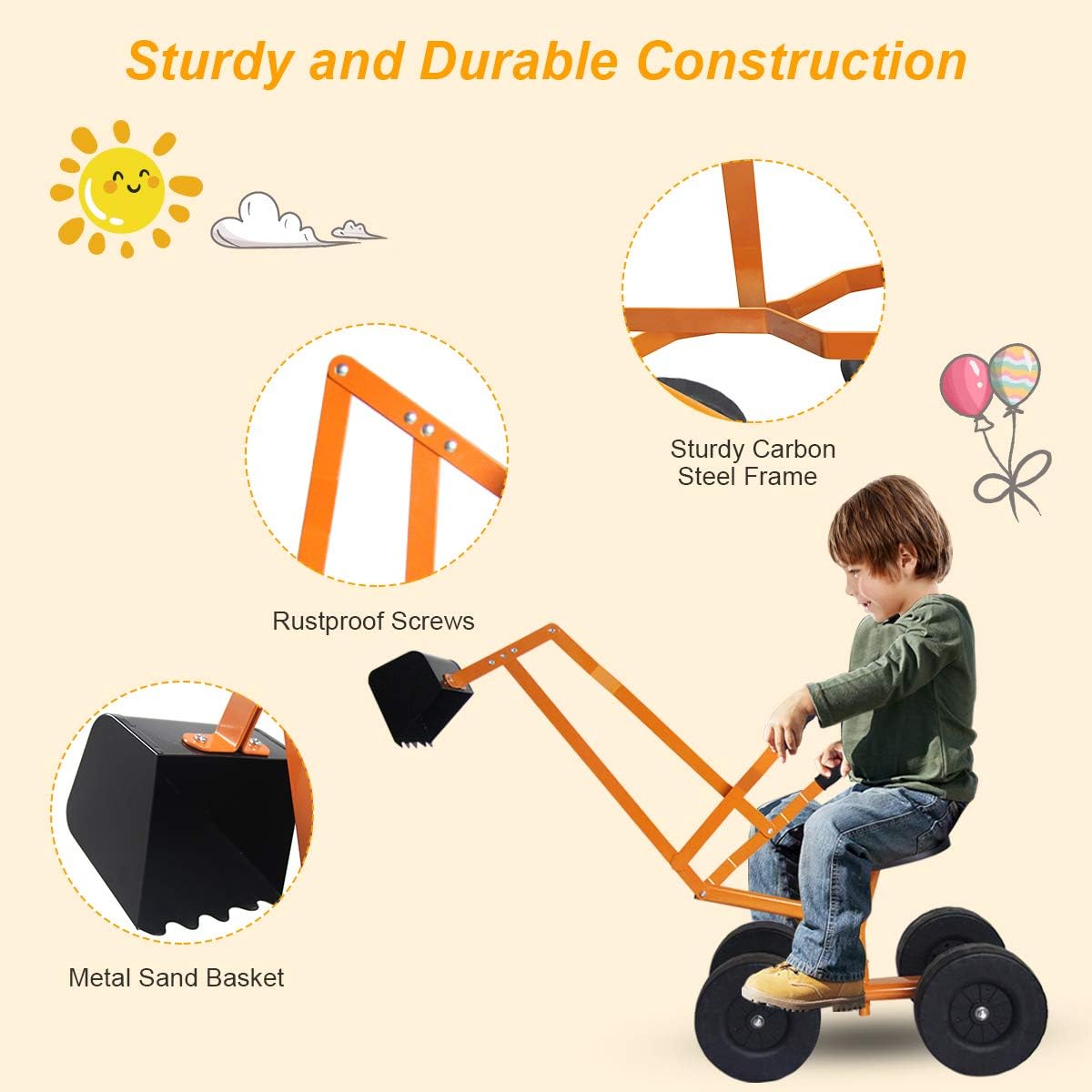 Detalle de HONEY JOY Ride-On Sand Digger, Orange, Metal Frame and Four Wheels