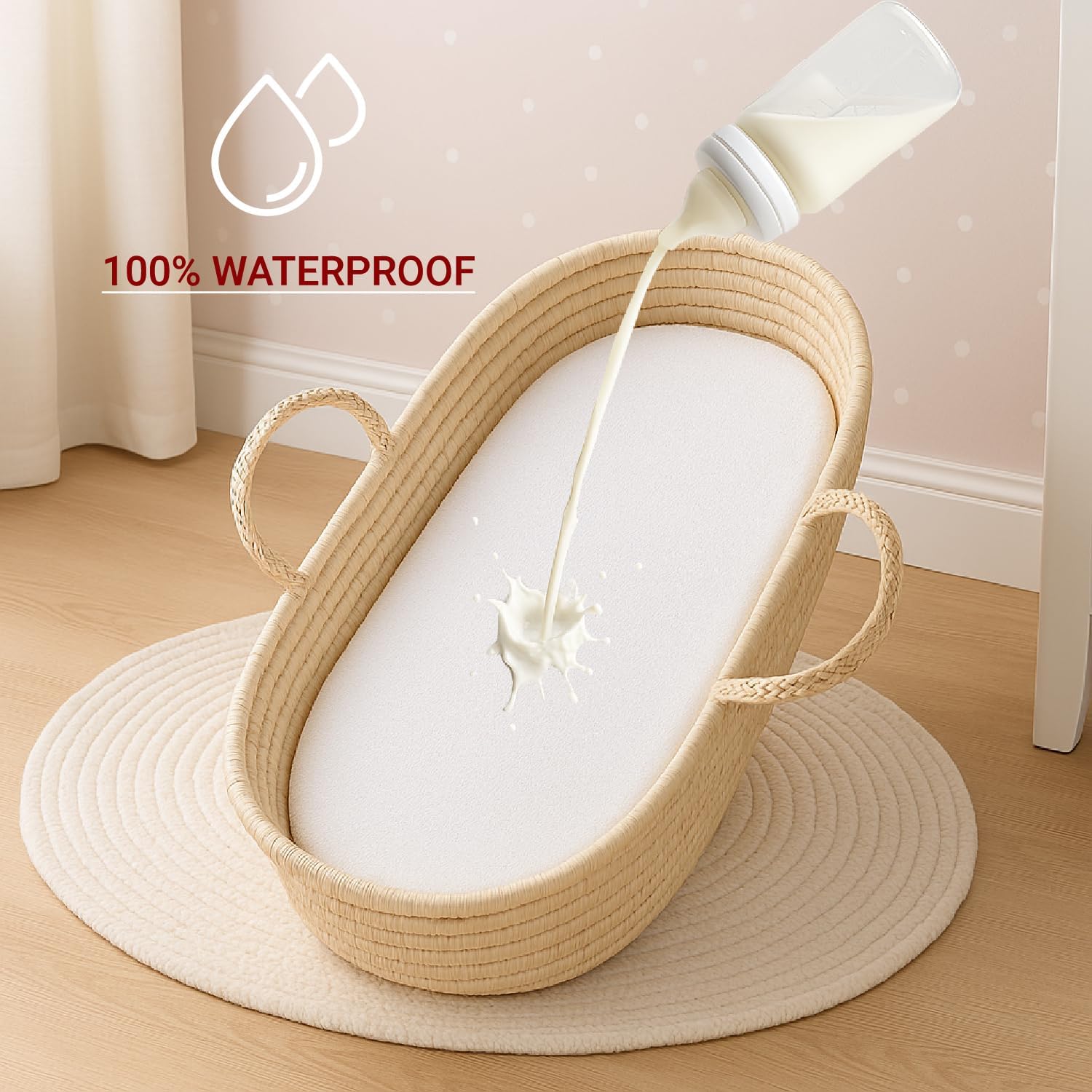 Detalle 2 de Lakhmaali 2x Moses Basket Mattress Protector – 75 × 35 cm, 155 GSM Terry Towelling, Waterproof & Silent
