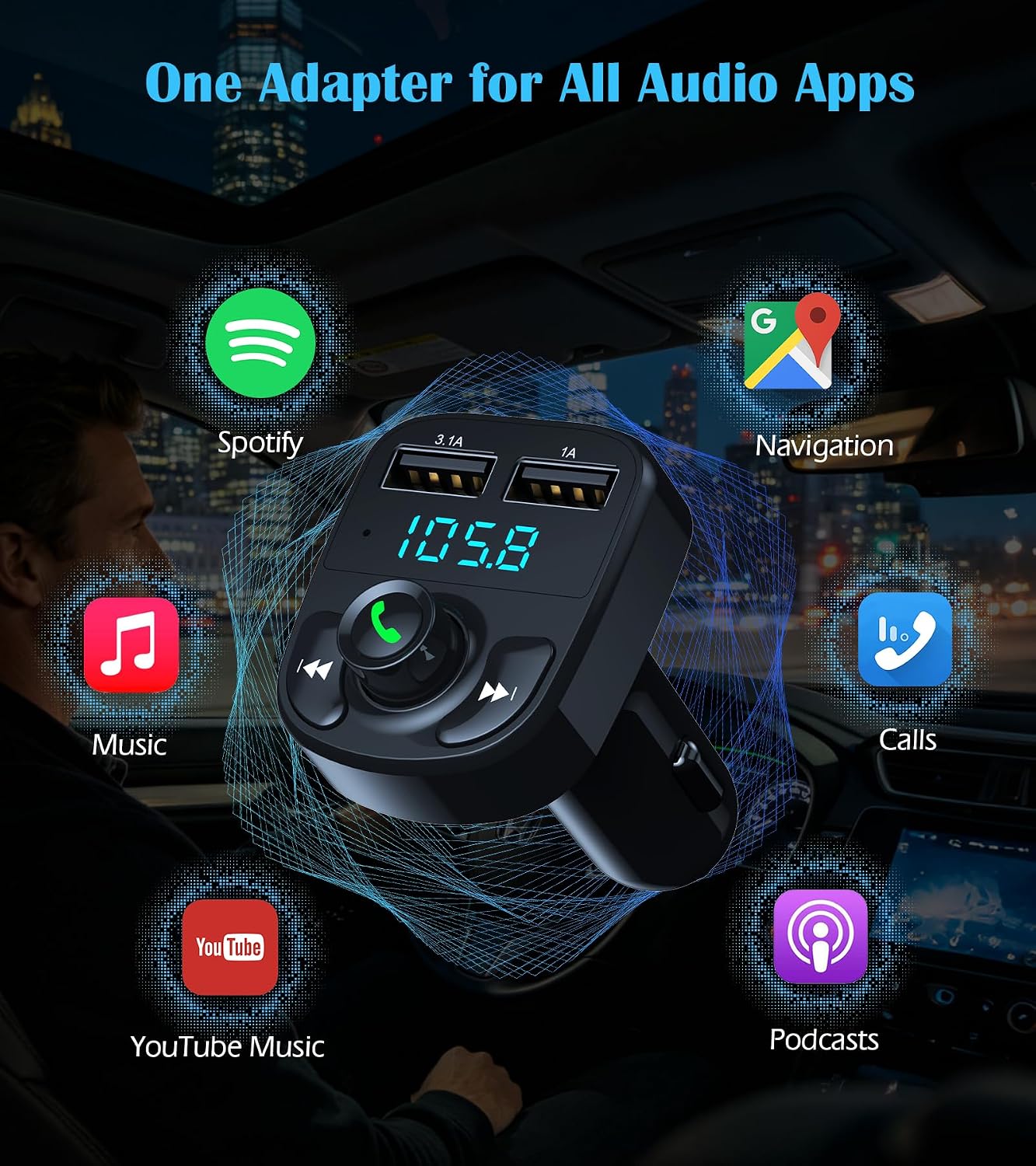Detalle de LIHAN HY82 Bluetooth 5.3 FM Transmitter with Dual USB Charging and Hands-Free Calls