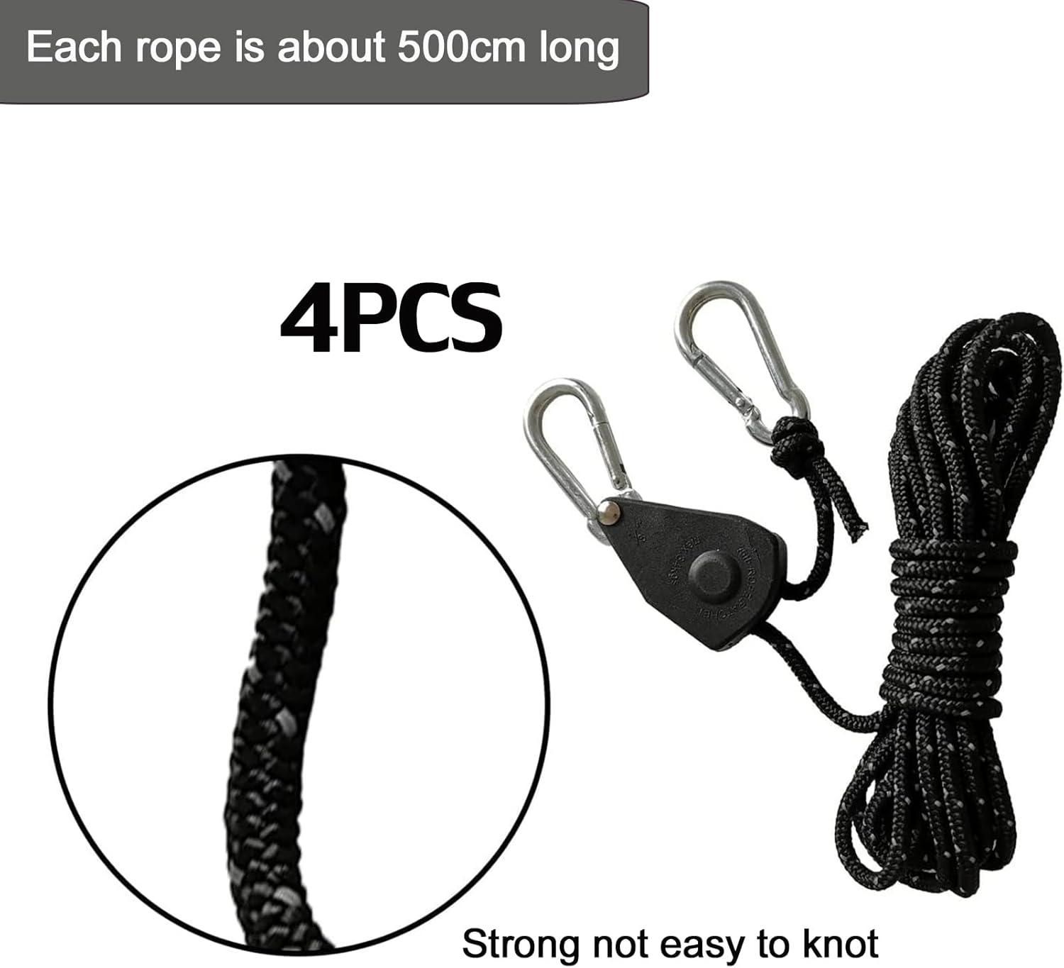 Thumbnail 2 de Lepidi 4er-Set verstellbare Seil-Ratsche (4 mm) mit Haken, Nylon schwarz reflektierend