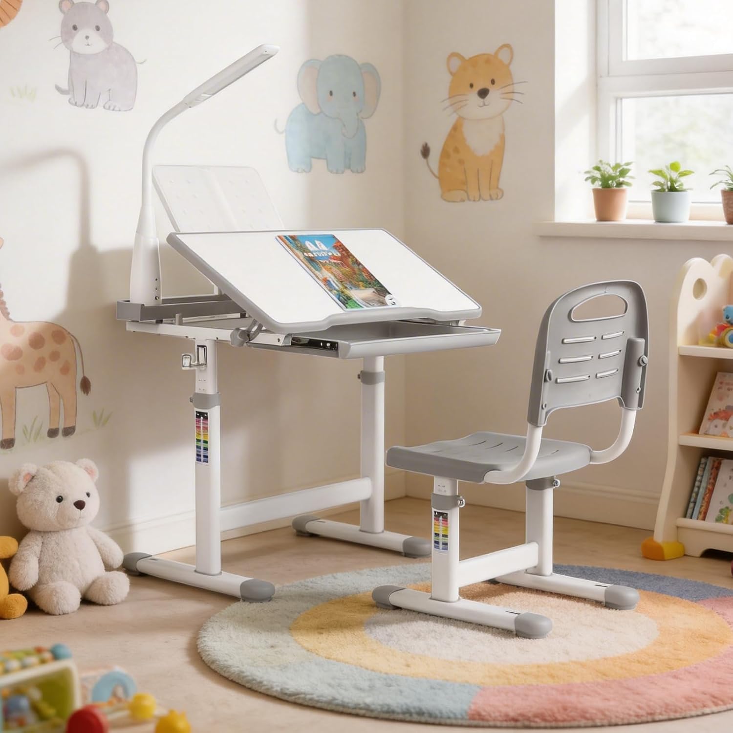 Detalle de MAMIZO Gris Height-Adjustable Children's Desk and Chair Set with Lamp, Grey