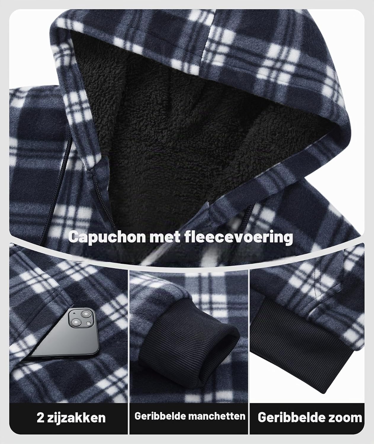 Detalle 1 de geeksport fleecejack voor heren met capuchon, ruitdessin en volledige ritssluiting