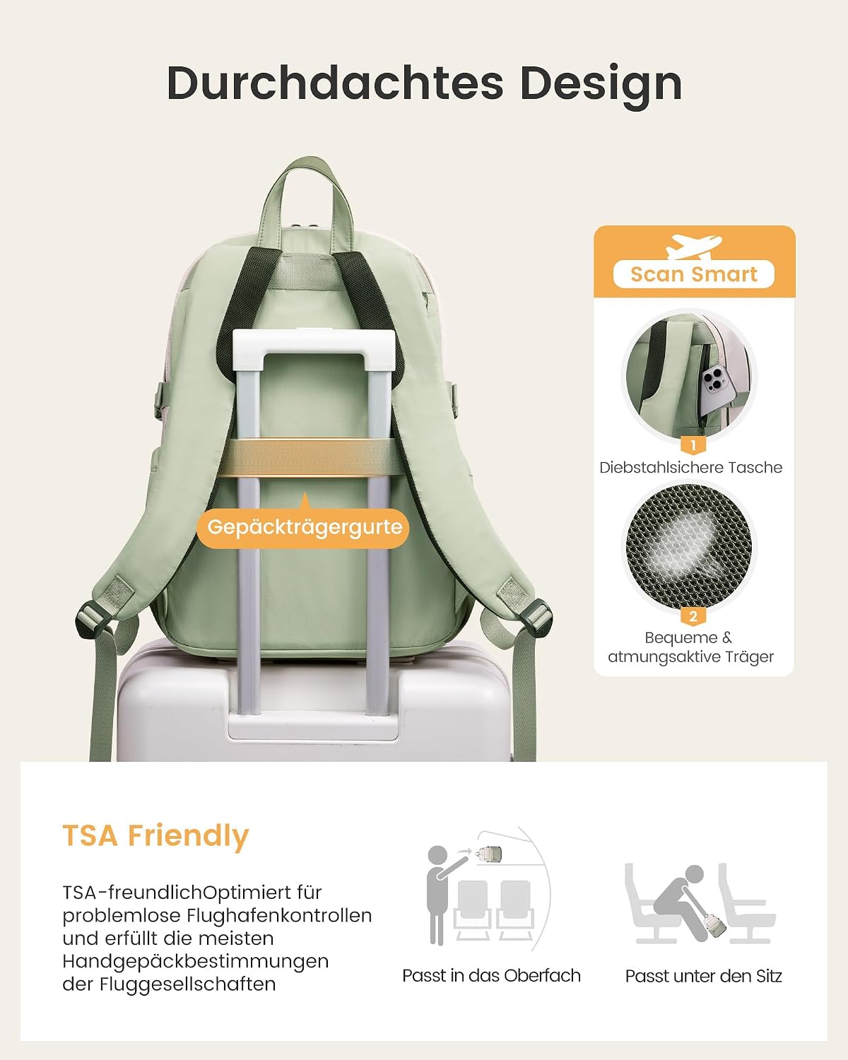 Detalle de LOVEVOOK Rucksack Damen 15,6 Zoll – Laptop-Tagesrucksack mit großzügigem Fach, Wasserflasche, TSA-Komfort und individuellem Stil