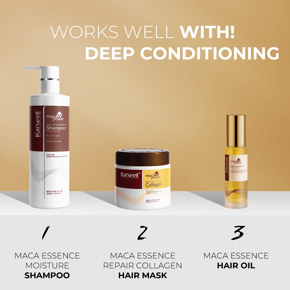 Detalle 2 de Karseell Kollagen Haarpflege-Set: Haarmaske, Shampoo & Haaröl für trockenes, geschädigtes Haar (2 x 500 ml + 50 ml)