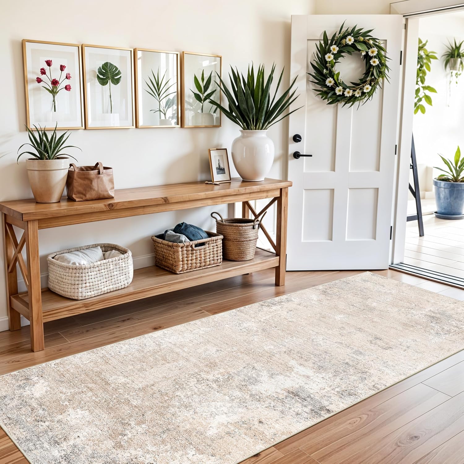 Detalle de 3x8 Washable Non-Slip Runner Rug – Modern Abstract Neutral Beige Grey