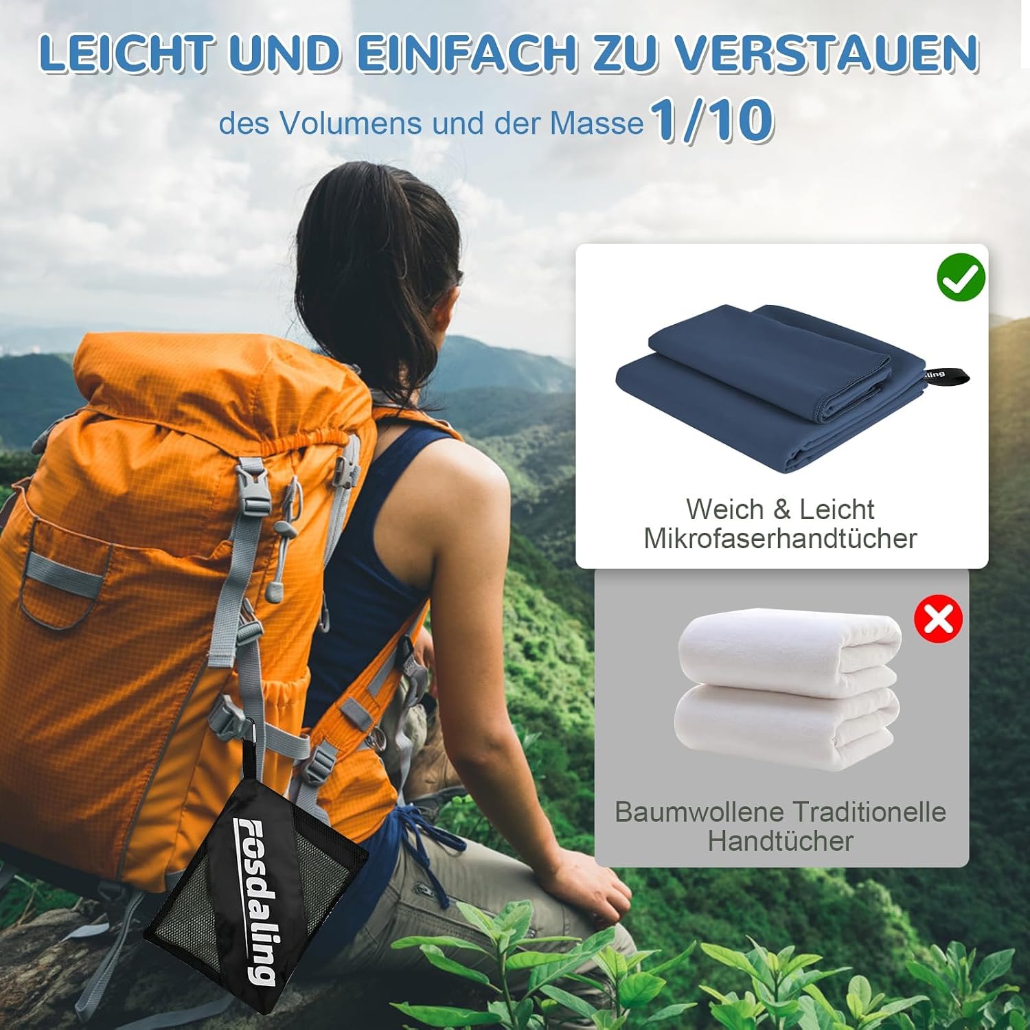 Detalle de Fosdaling Mikrofaser Handtuch 3er-Set – Großes 160×80 cm & 2 Kleines 80×40 cm