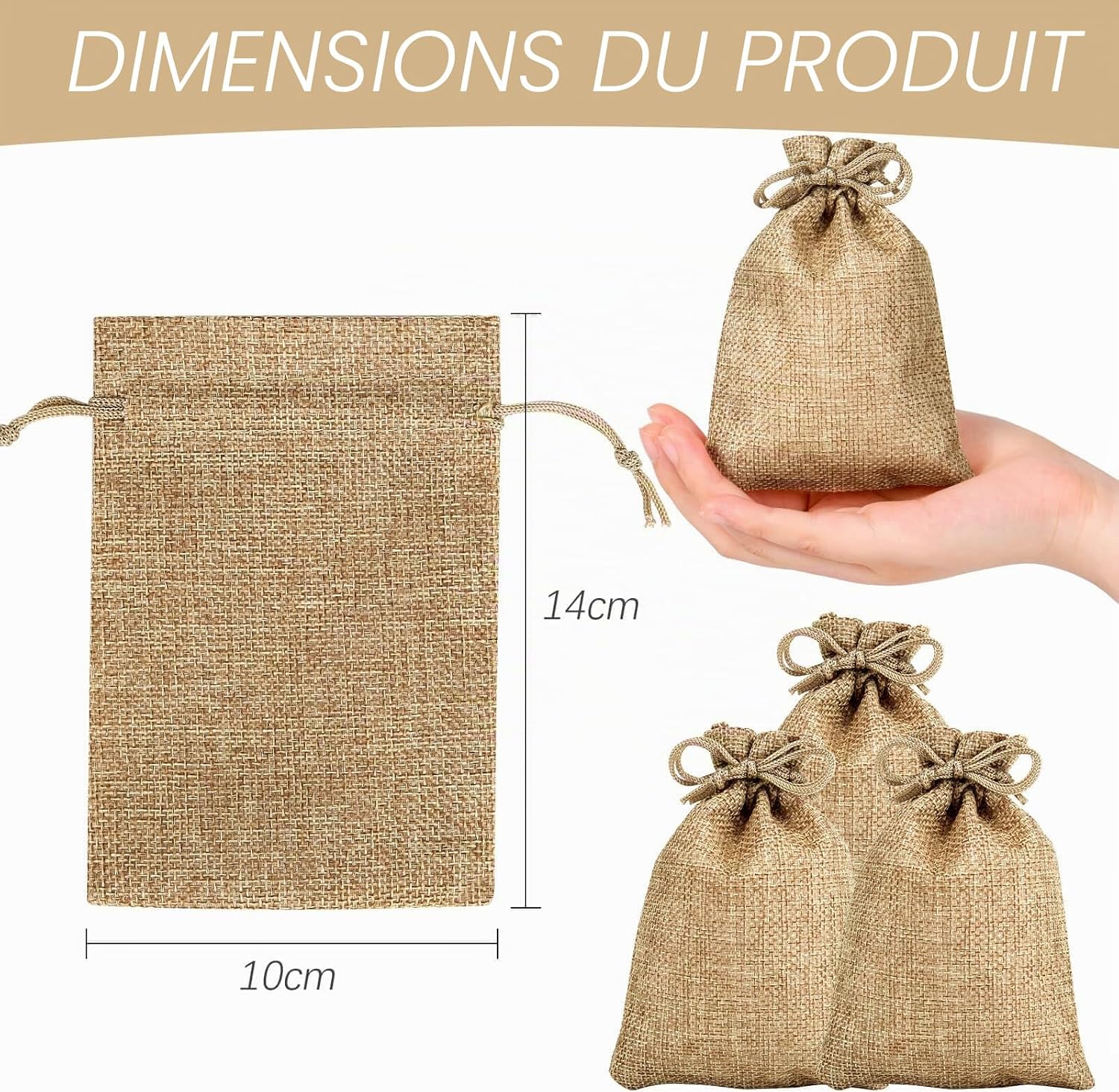 Detalle de Sachets en toile de jute 10x14 cm, lot de 30 dragées – Pochon cadeau naturel