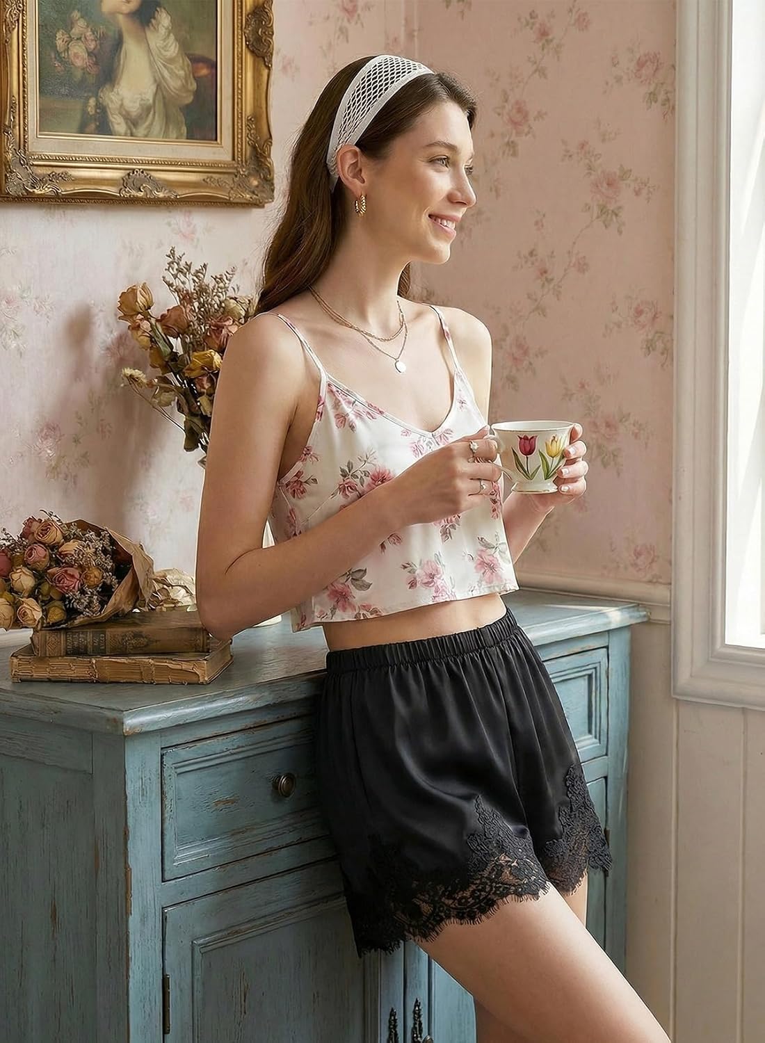Detalle de EVALESS Satin Silk Lace Shorts: Micro Mini Slip Pajama Bottoms for Summer 2026