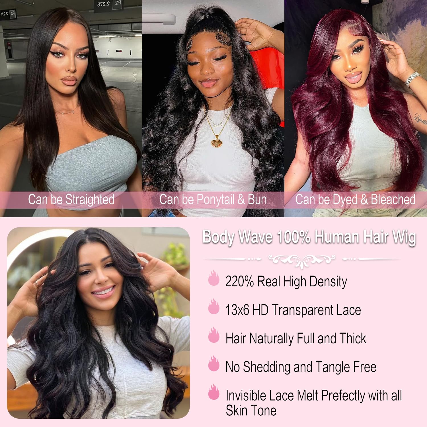 Detalle de LEHOO 30 Inch 13x6 Body Wave Lace Front Wig – 220% Density, Virgin Brazilian Human Hair