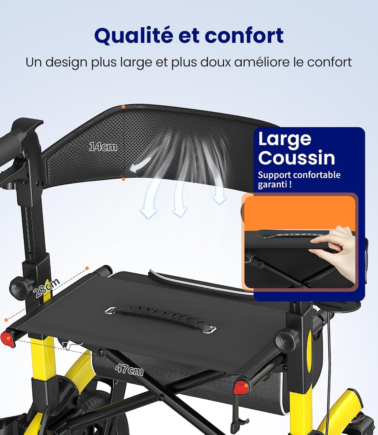 Detalle de VOCIC Déambulateur 4 roues pliable léger avec siège et panier – aluminium ajustable, jaune