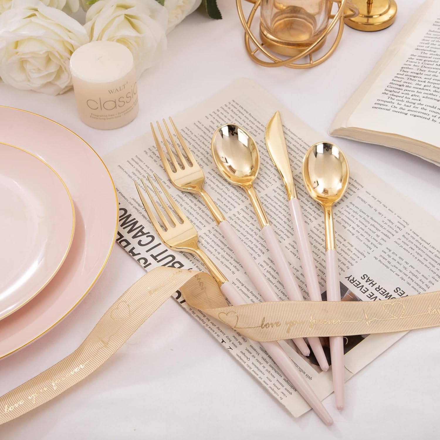 Thumbnail 5 de I00000 300 Pack Gold Silverware with Pink Handle – Pink Plastic Utensils Set (100 forks, 100 knives, 100 spoons)