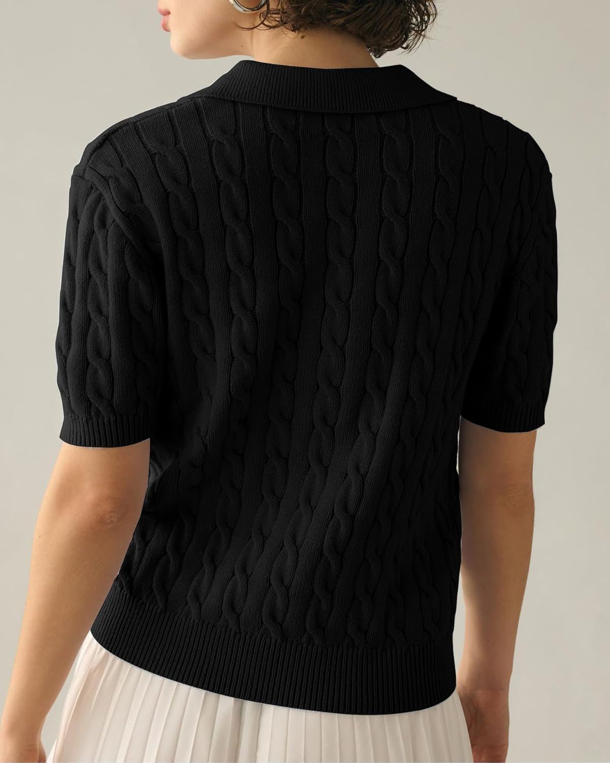 Thumbnail 2 de Imily Bela Women’s Cable Short Sleeve Sweater Top (V-Neck & Lapel) — Soft Pullover Knit