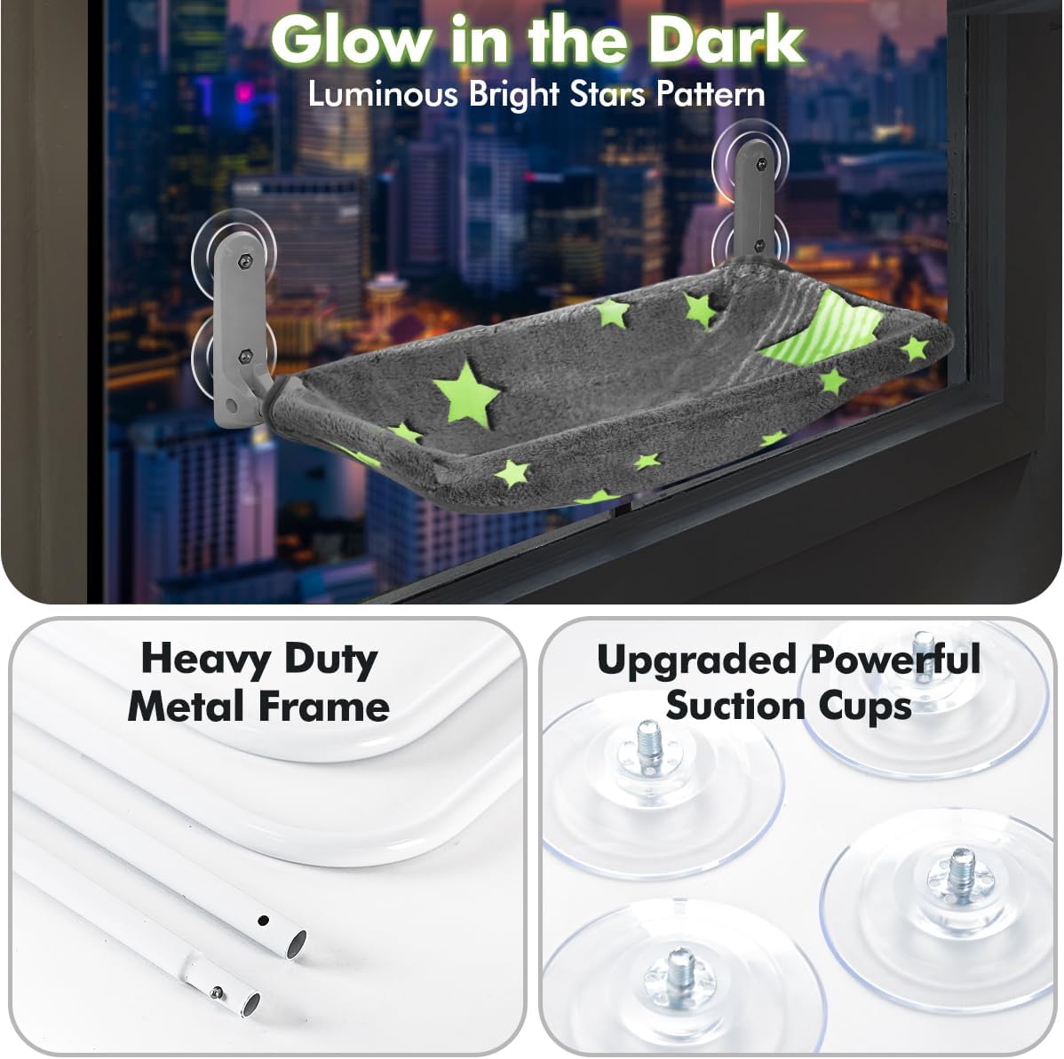 Detalle de Zoratoo 2PC-S58 Cat Window Perch Set, Glow-in-the-Dark, Foldable
