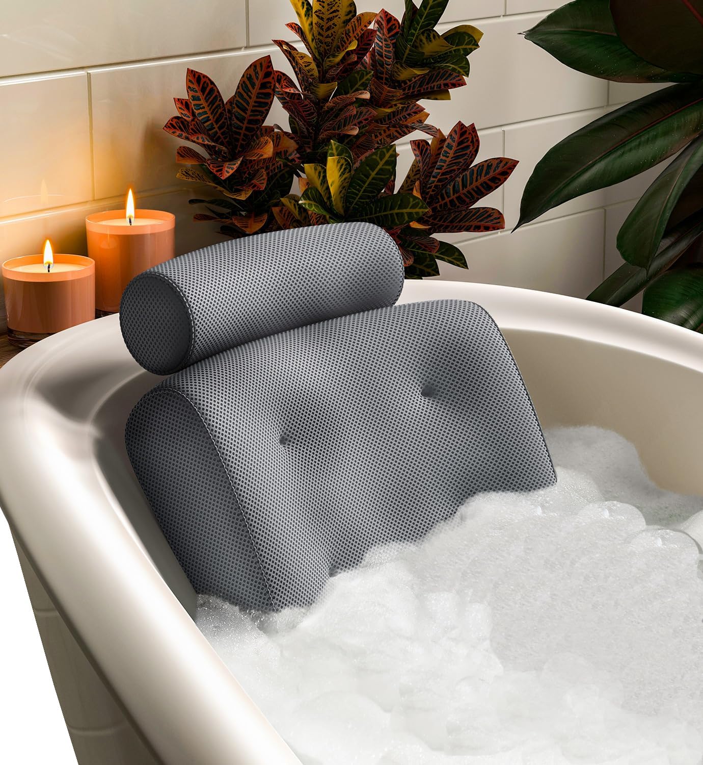 Detalle de Everlasting Comfort Bath Pillow (Bath Cushion) for Head & Neck Support with Suction Cups – Grey