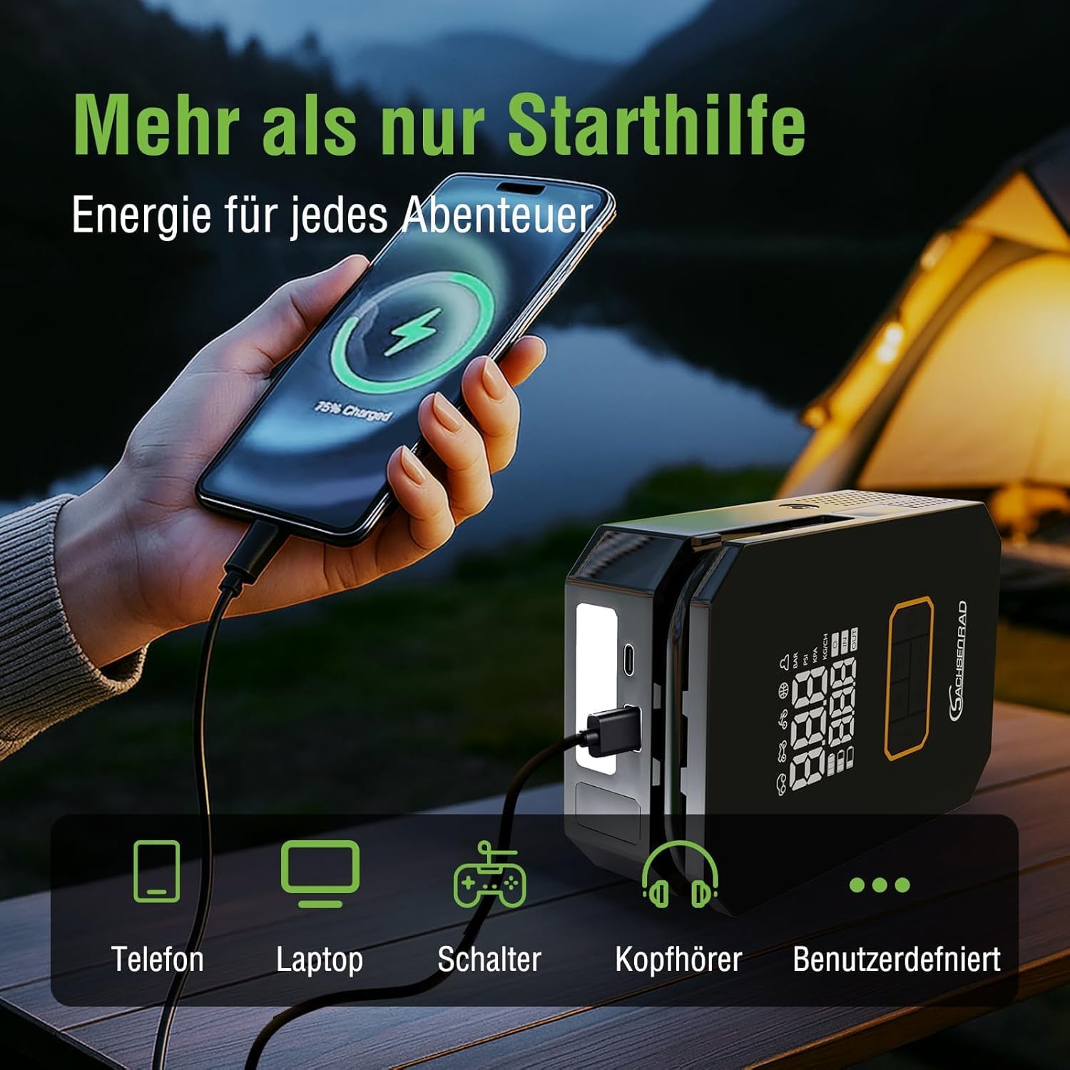 Thumbnail 5 de SachsenRAD Starthilfe Powerbank für PKW mit 12V Luftkompressor (bis 150 PSI) und 1.200A Jump Starter