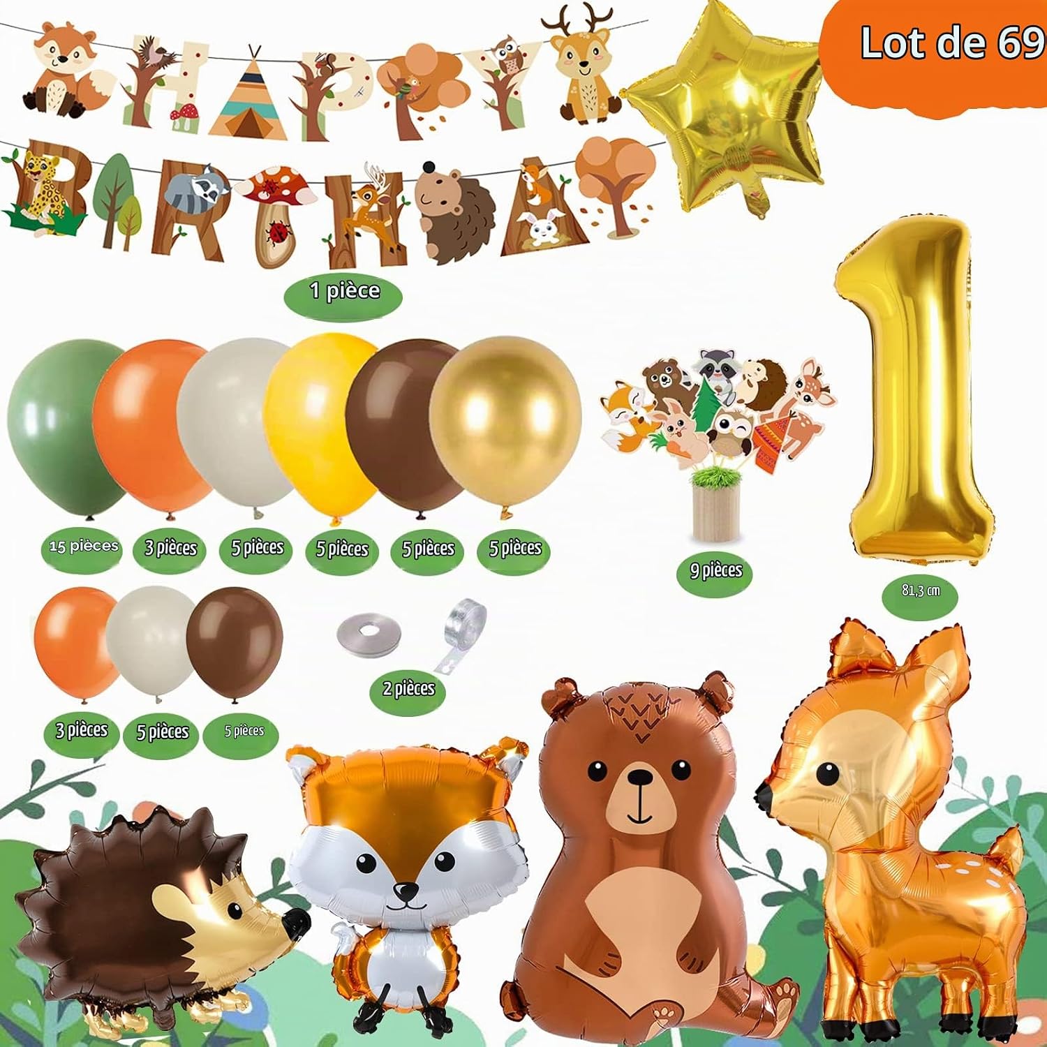 Detalle 2 de MUSELK verjaardagsdecoratieset bosdieren met 51 ballonnen en cijfer 1