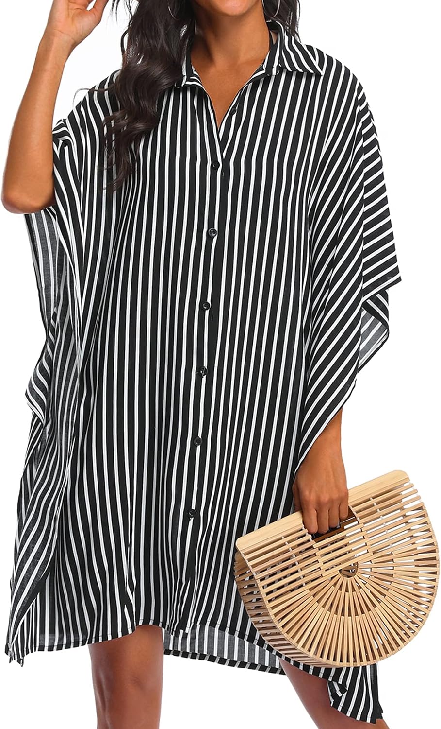 Detalle de Ekouaer Swimsuit Cover-Up Shirt with 3/4 Sleeves