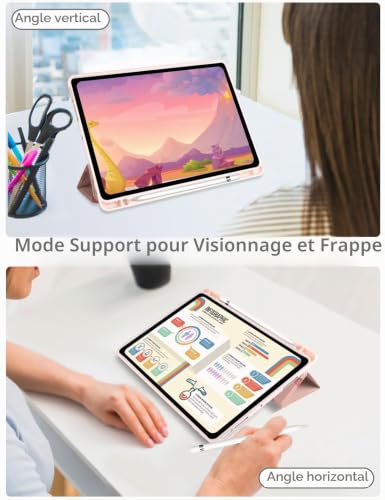 Detalle 2 de Fycyko Étui pour iPad 11e Génération (11 pouces) et iPad 10e Génération 2022 – Coque antichoc avec porte-crayon et motif floral Fraise Rose