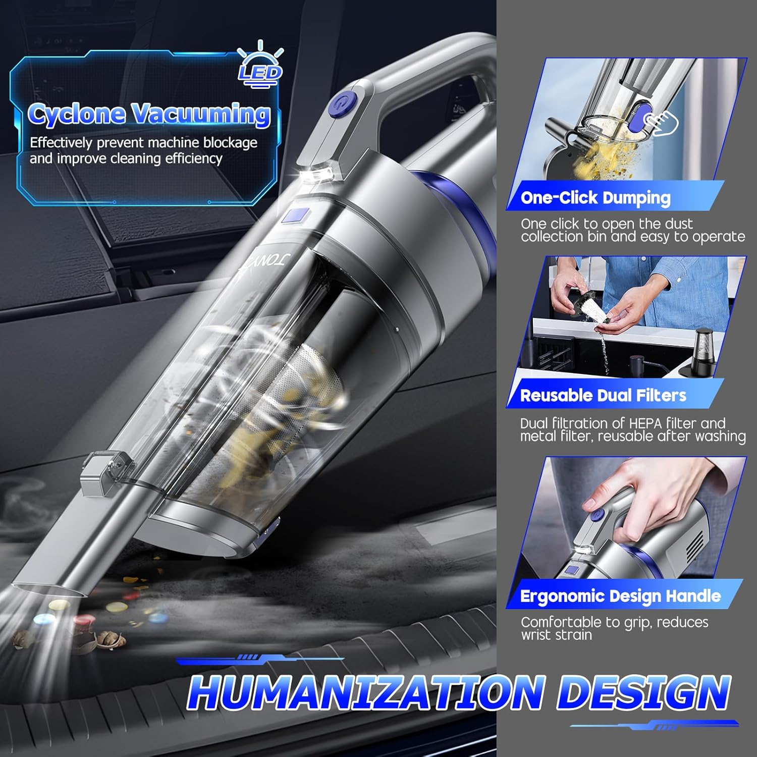 Thumbnail 5 de JONYJ Handheld Cordless Vacuum: 16000PA Power for Home, Car, and Office