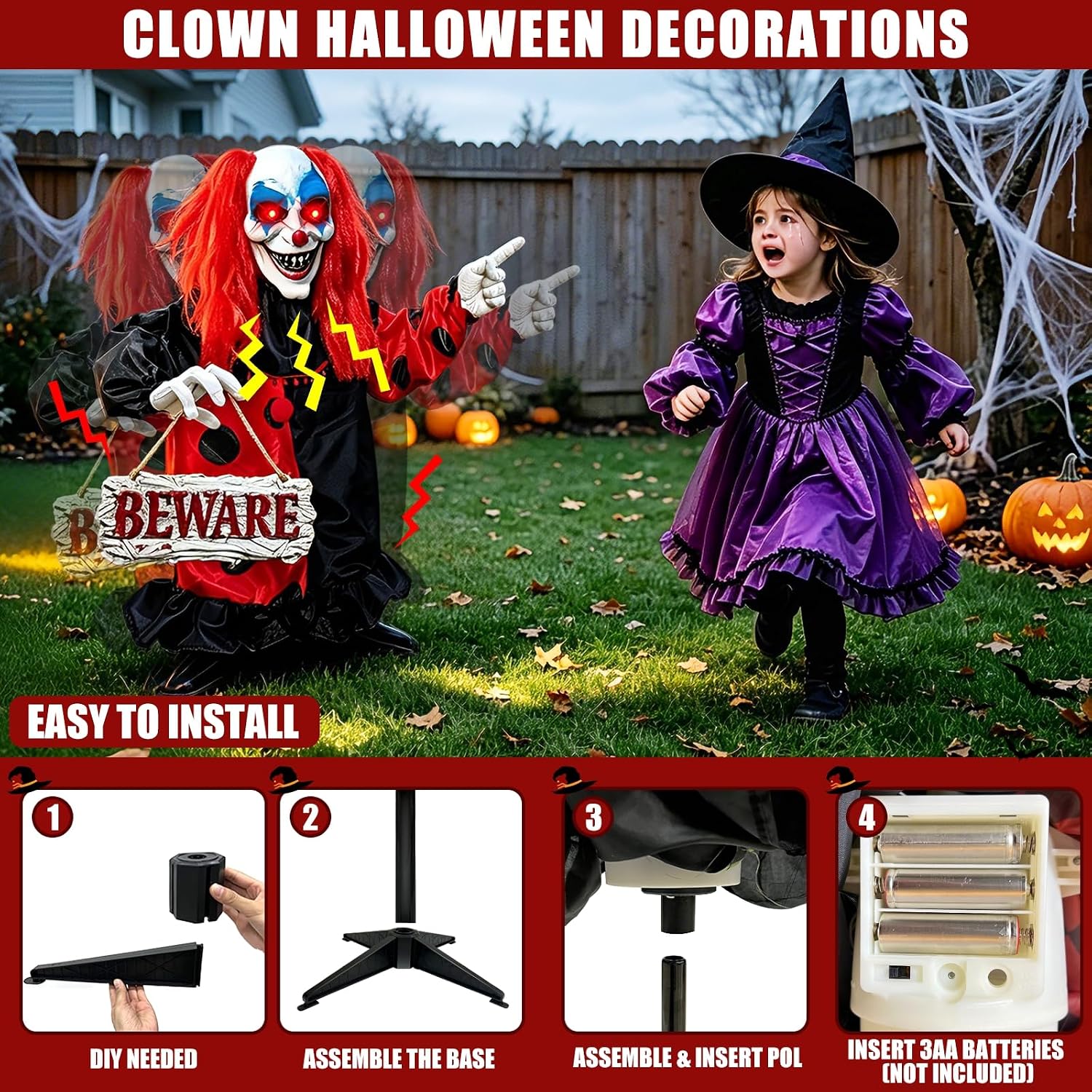 Detalle 2 de TURNMEON 40-Inch Animatronic Clown with Sound Activation and Red LED Eyes