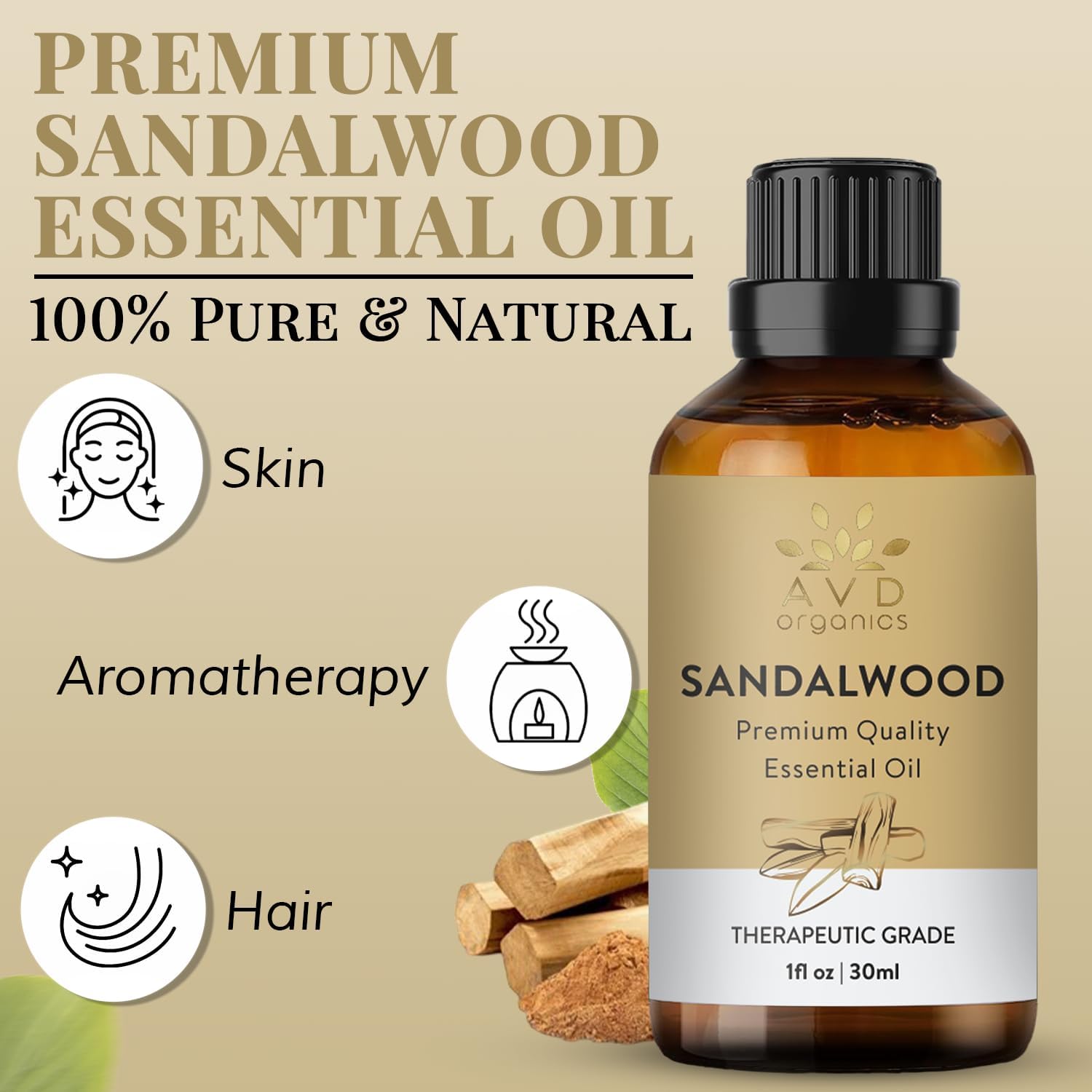 Detalle de AVD ORGANICS Ätherisches Sandelholzöl 30 ml (100% naturrein, unverdünnt) für Diffusor, Aromatherapie & DIY