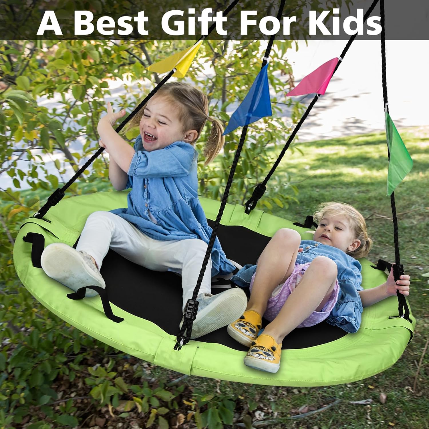 Detalle de HeyZoo Tree Swing, Saucer Swing 40 Inch for Kids — Yellow-Green, 900lb Capacity