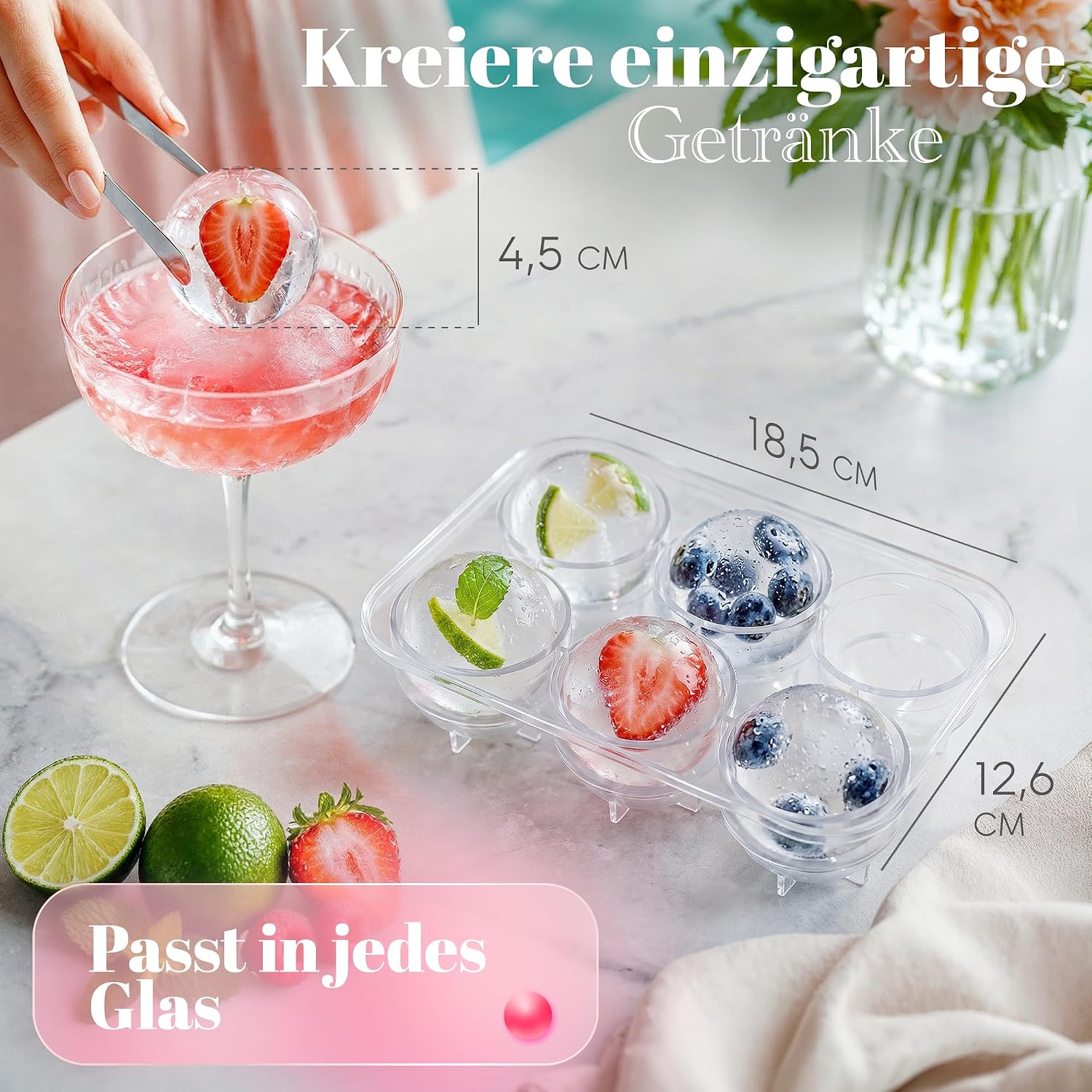 Detalle 2 de Neighbour’s Friend® Pink Eiskugelform XL 2er Set – Große Platinsilikon-Eiswürfel für Cocktails, Infused Water und More
