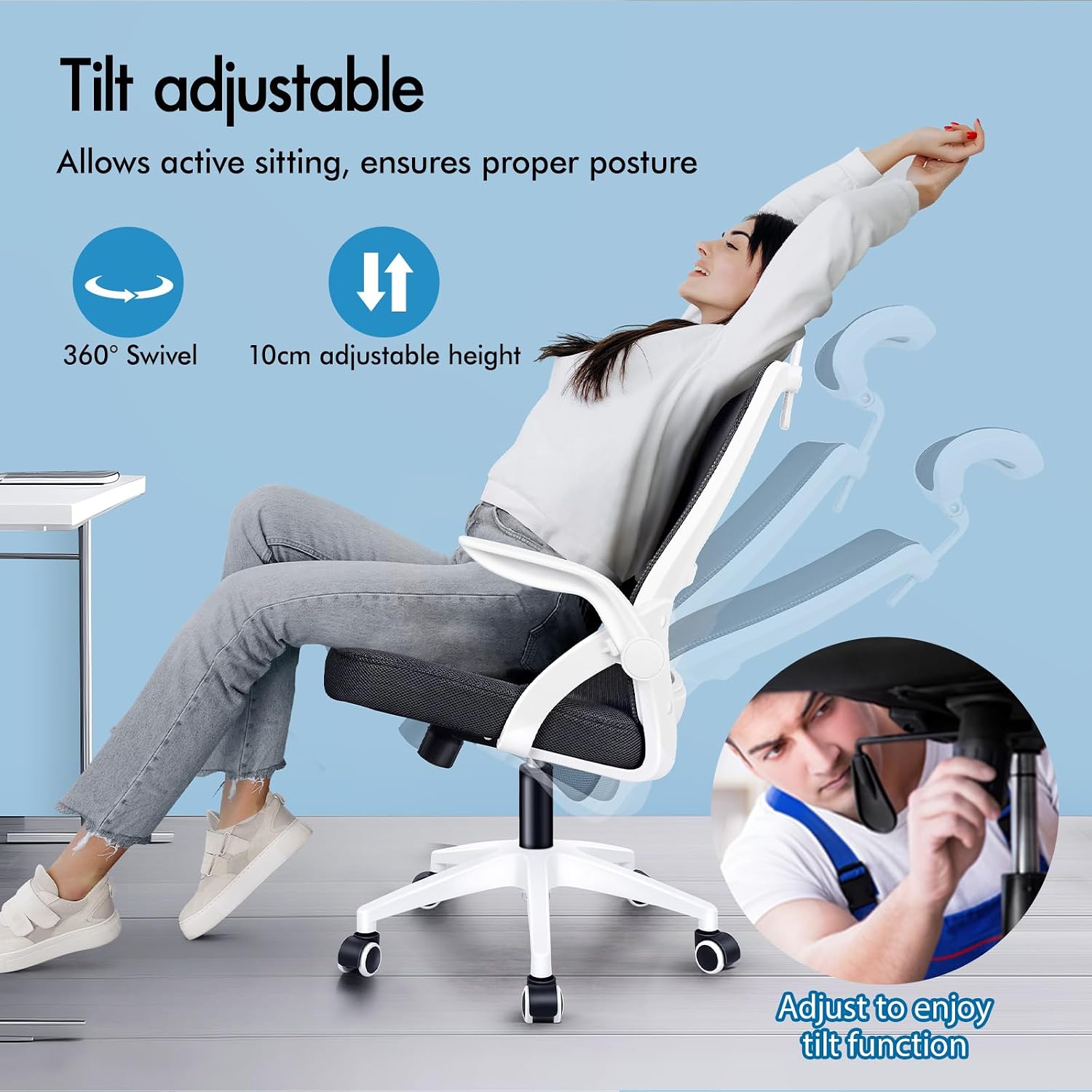 Thumbnail 6 de ELFORDSON Ergonomic Office Chair: Mesh with Headrest, Lumbar Support & Flip-Up Armrests