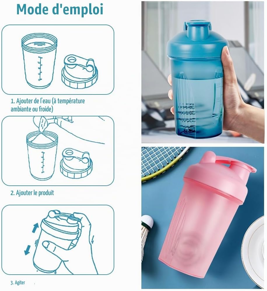 Thumbnail 2 de Fefod set van 2 eiwitshakers van 500 ml met RVS-mengbal, BPA-vrij, blauw