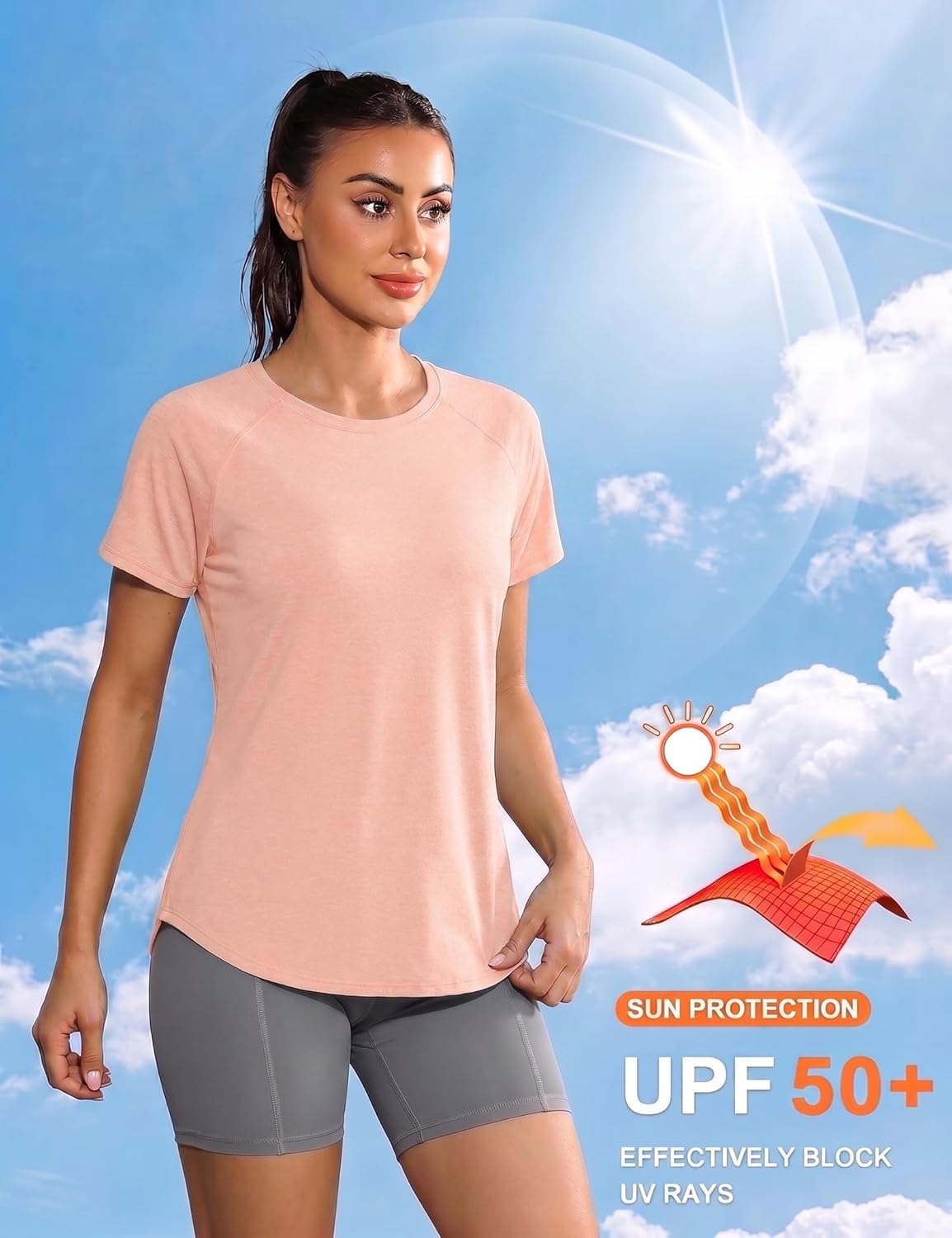 Detalle de Gyabnw UV-Schutz Funktionsshirt Damen – atmungsaktives Kurzarm-Sportshirt für Laufen, Wandern und Yoga