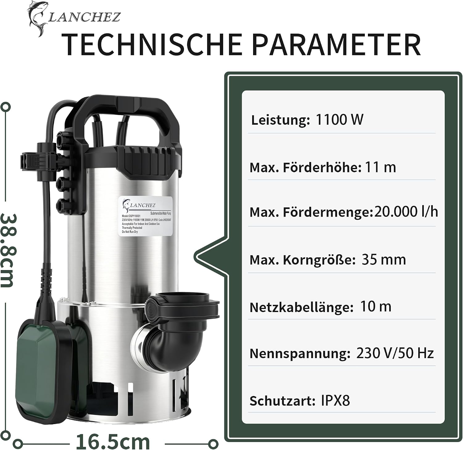 Detalle 2 de LANCHEZ Edelstahl Schmutzwassertauchpumpe 1100W – 20.000 l/h, Förderhöhe 11 m, 35 mm Durchlass