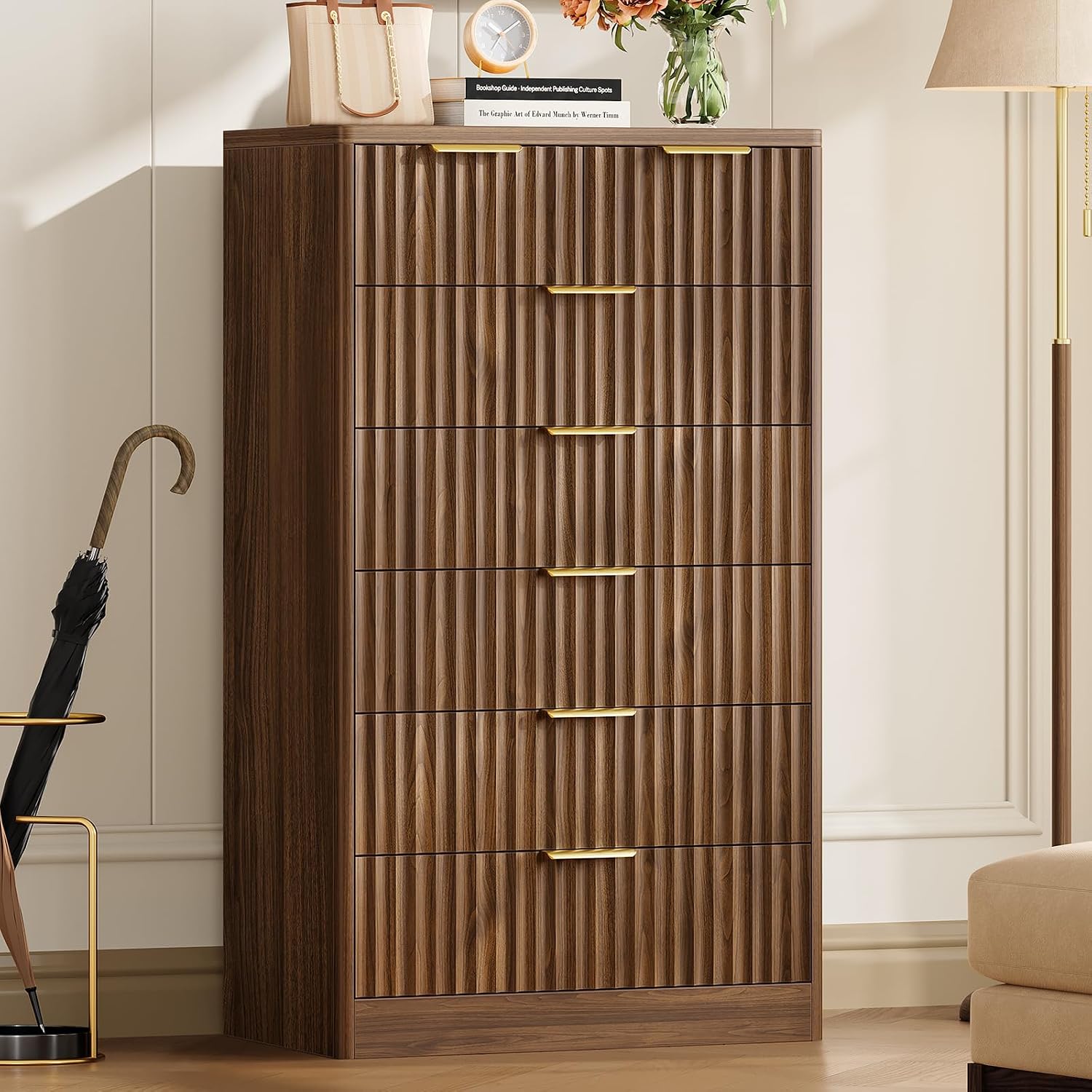 Detalle de TEENFON dresser 7-Drawer Fluted Chest, Walnut, 48-Inch Tall