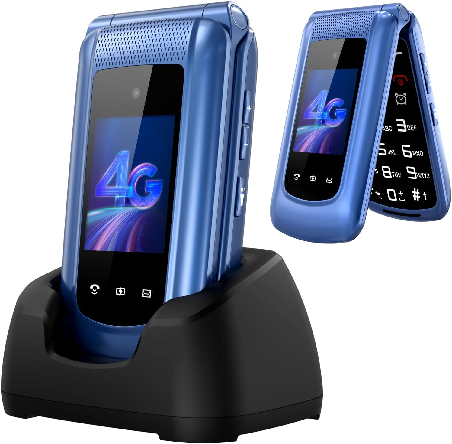 Uleway 4G Big Button Senior Flip Phone with SOS Button, Charging Dock and 2.4" + 1.8" IPS Screen (Blue) — SIM-free unlocked