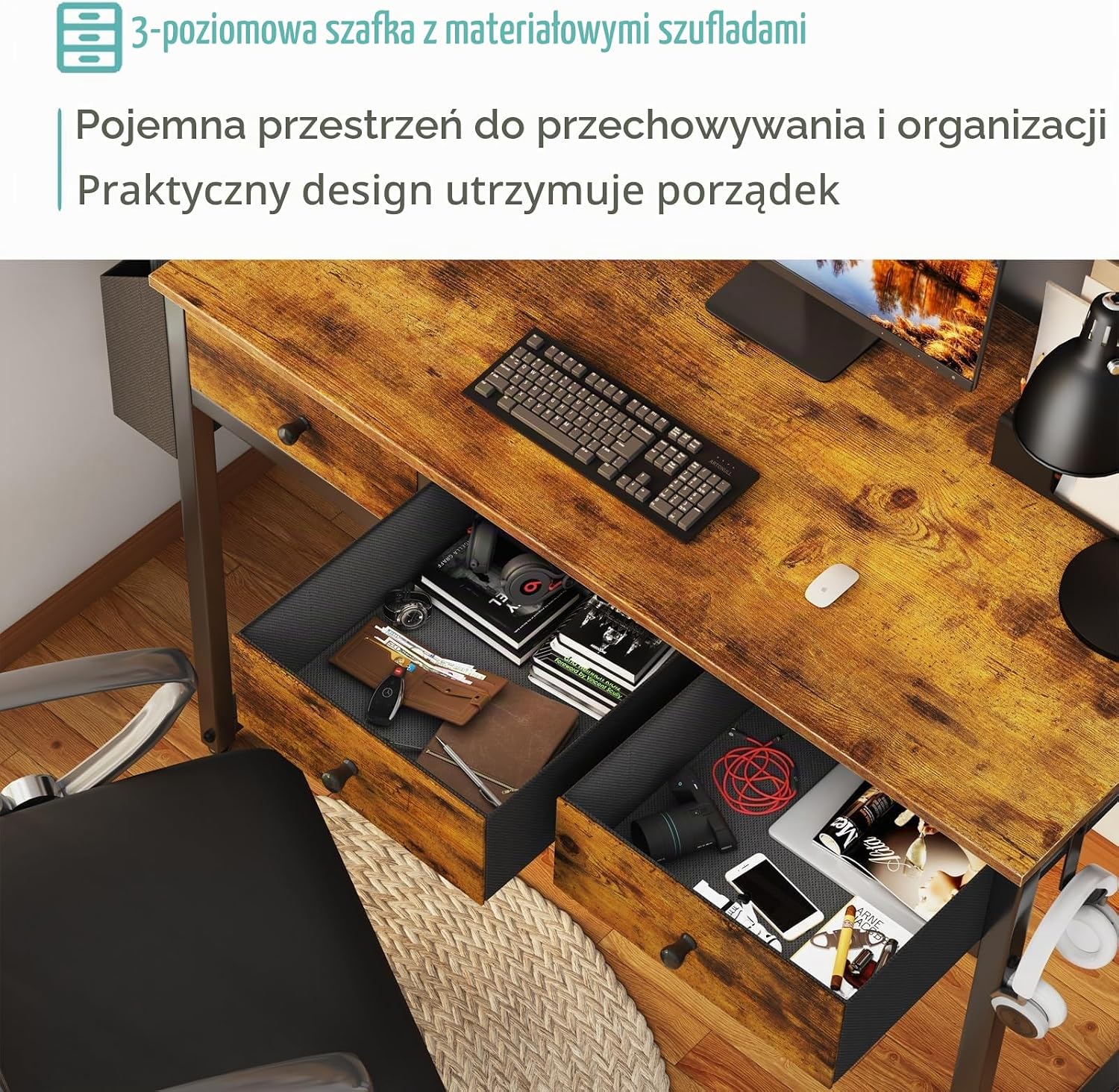 Detalle 2 de Lufeiya LFY-PD3-Brown – biurko komputerowe z 3 szufladami, 100,1 cm