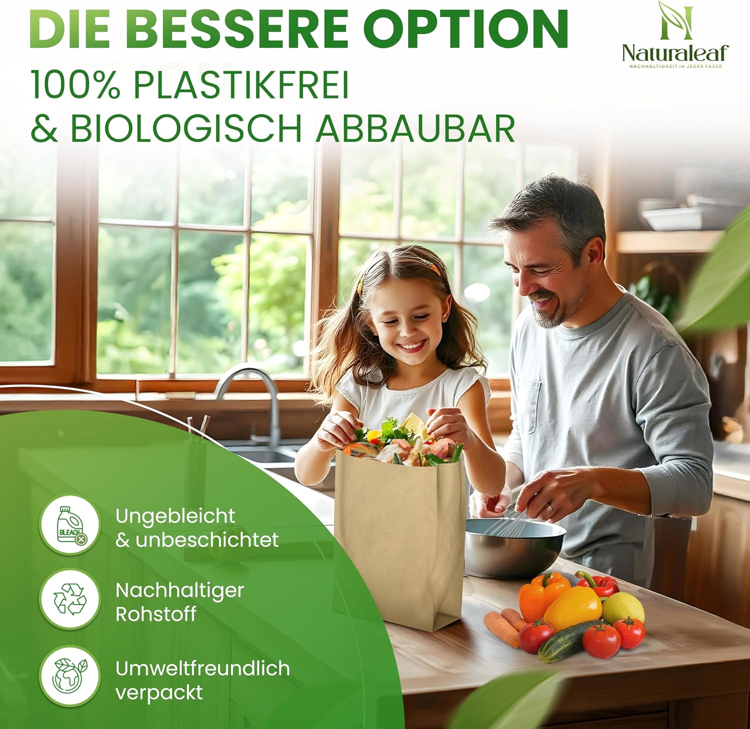 Detalle de NATURALEAF Biomüllbeutel 20L – 50 Stück: Kompostierbare, plastikfreie Bio Müllbeutel für Gastronomie & Haushalt