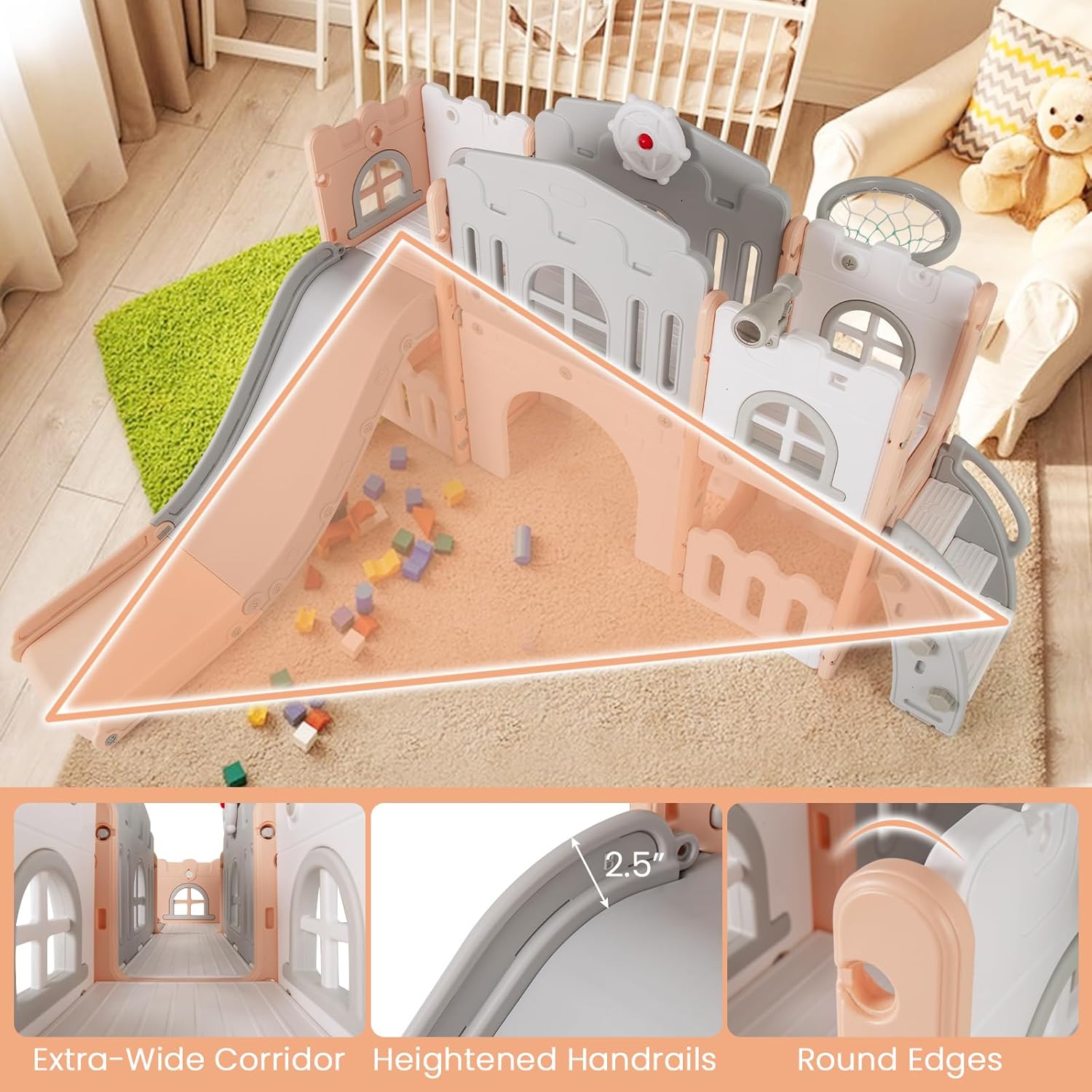 Detalle de Costzon 8 in 1 Toddle Slide Playset – Freestanding Indoor Playground for Kids 1-3 (Pink)