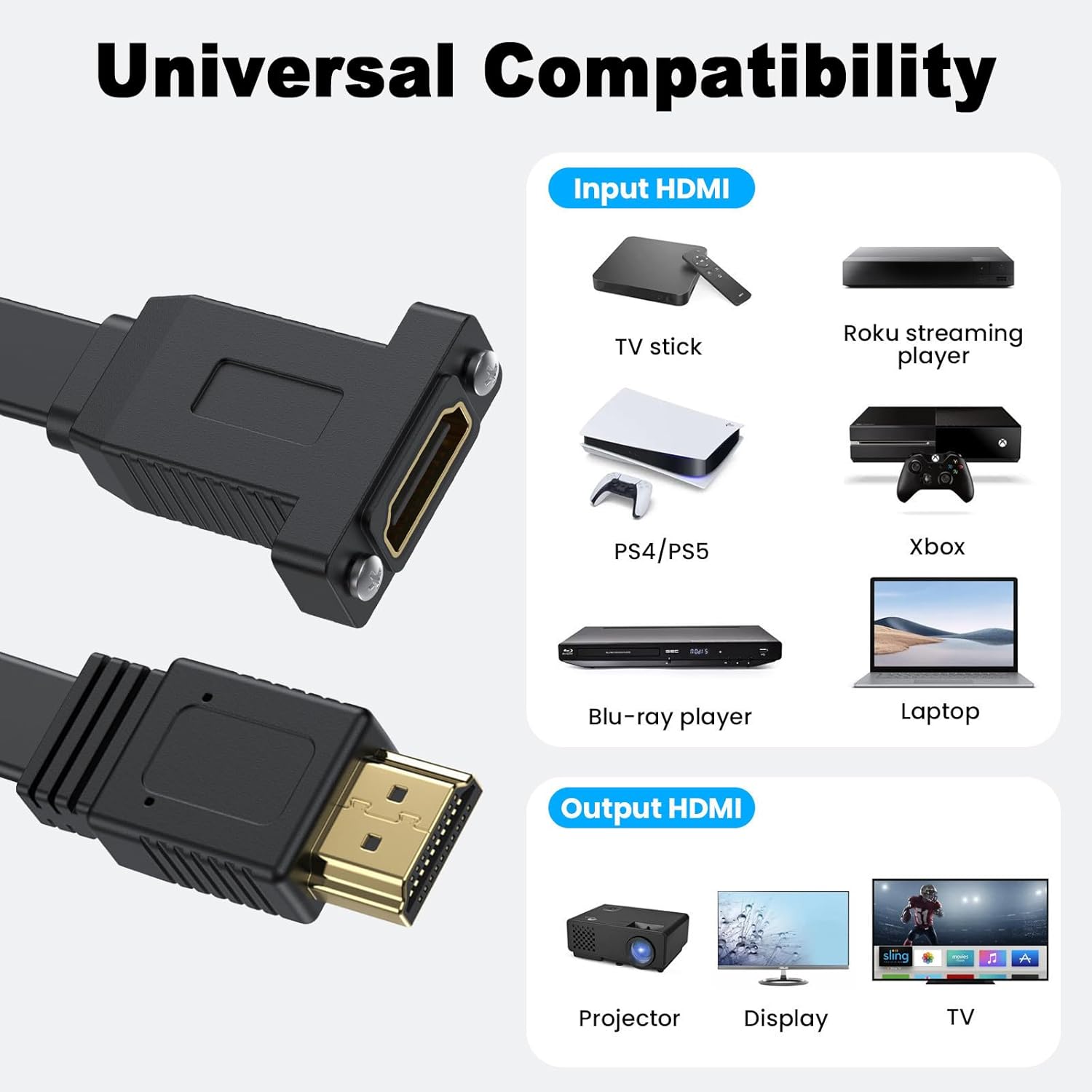 Thumbnail 2 de Maxhood Flat HDMI 2.0 Cable 1.5ft (50cm) – 4K@60Hz High Speed Extension Cable with Panel Mount