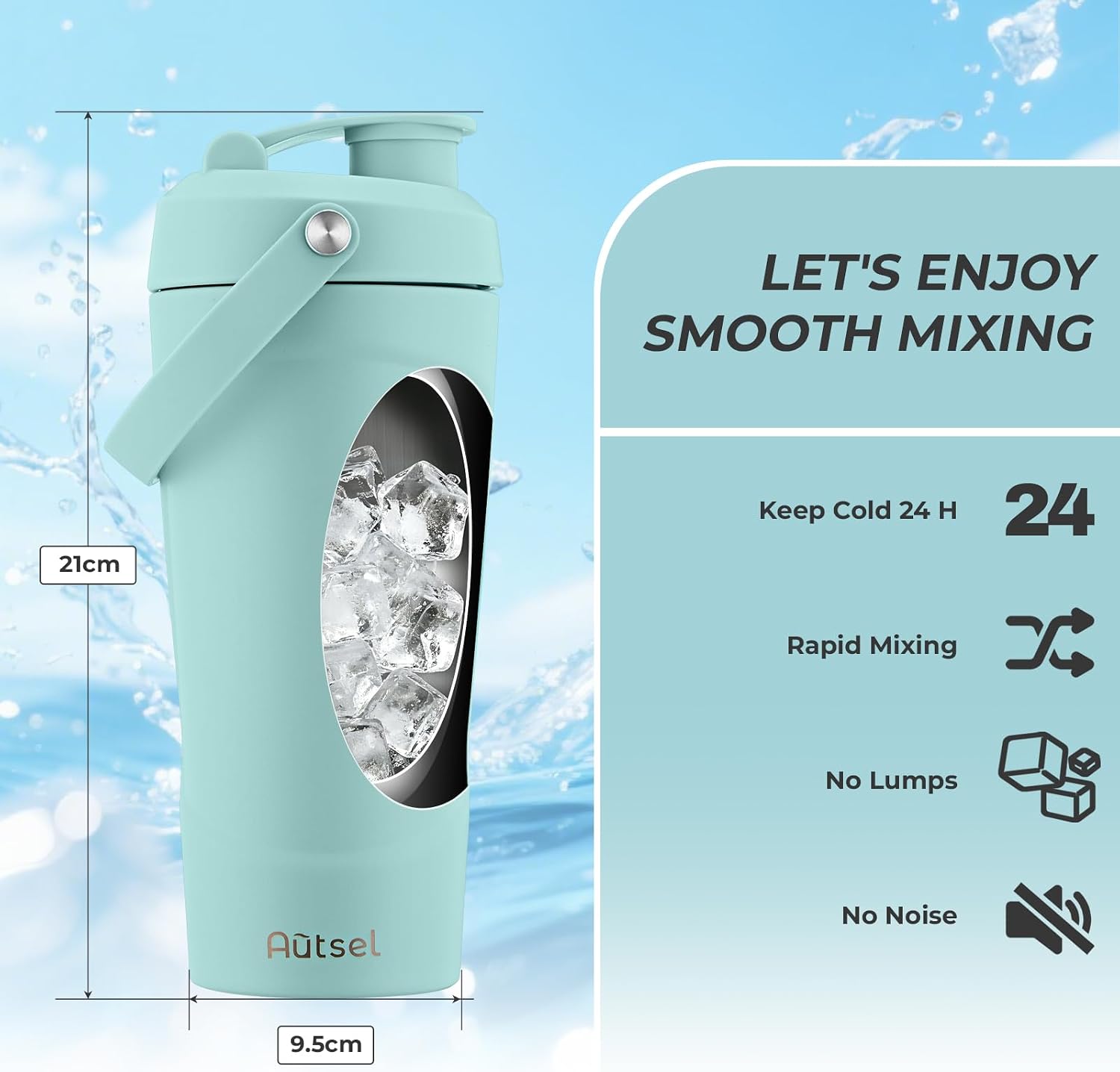 Detalle 2 de Autsel Protein Shaker 750ml Stainless Steel with MixBall – Leak‑Proof, Insulated and BPA Free (Blue Green)