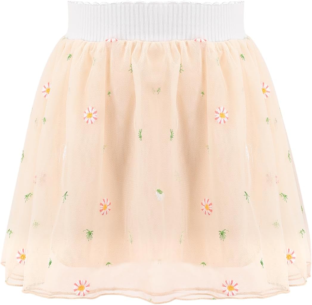 Bezioner Girls’ Embroidered Tulle Skirt (4 Layers, Floral) with Lining