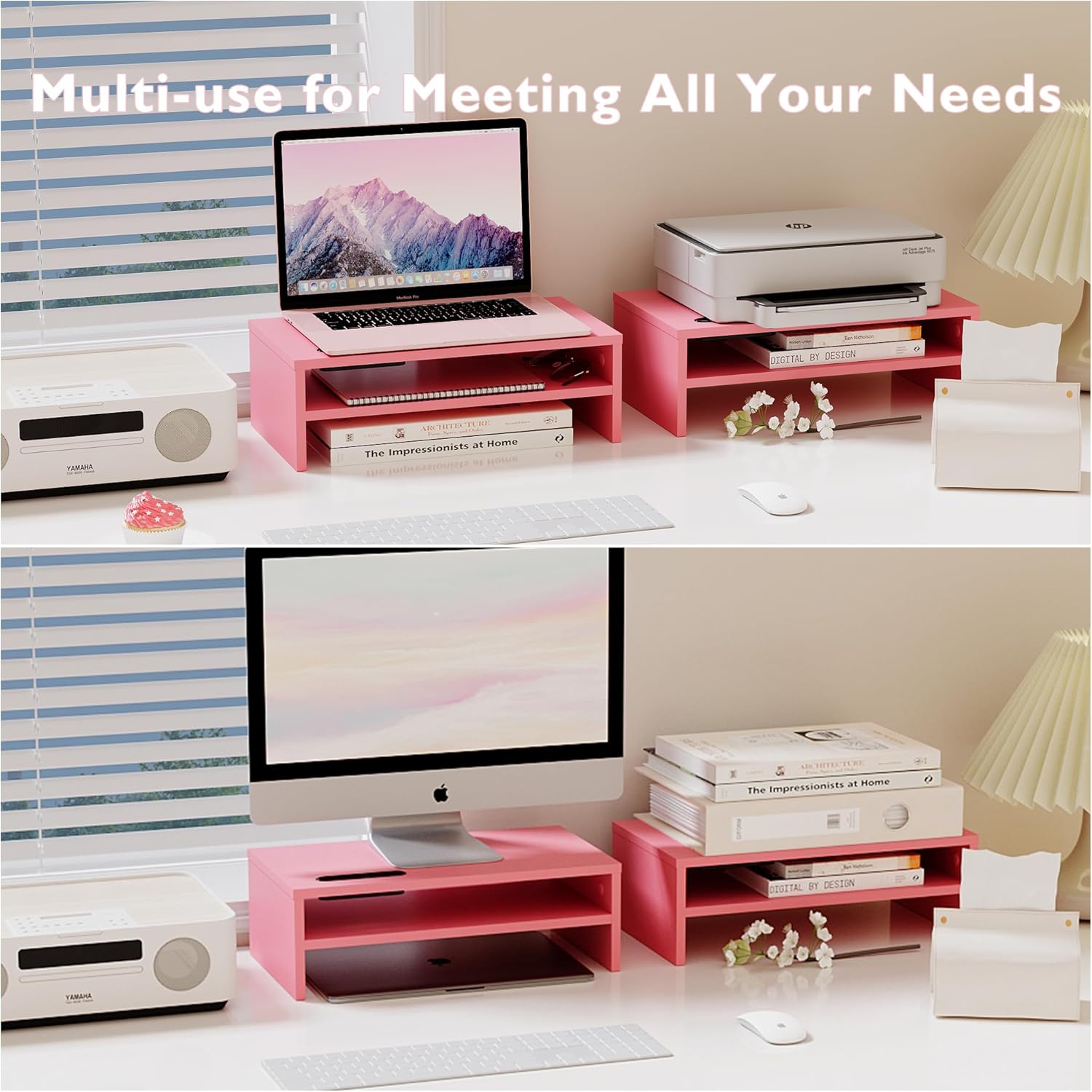 Thumbnail 6 de BONTEC Wood Monitor Stand Riser: 2-Tier Desk Stand with Smartphone Holder and Cable Management