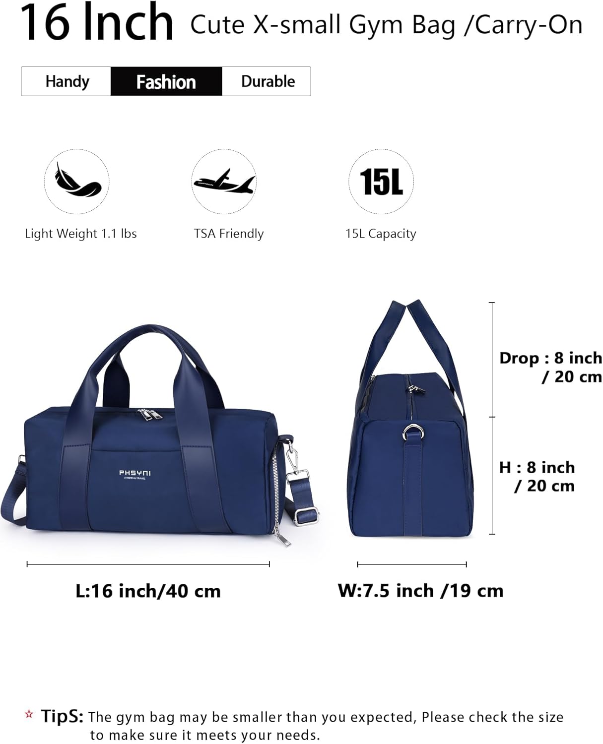 Detalle de PHSYNI Small Gym Bag for Girls & Women – 16-Inch Duffle with Shoe Compartment