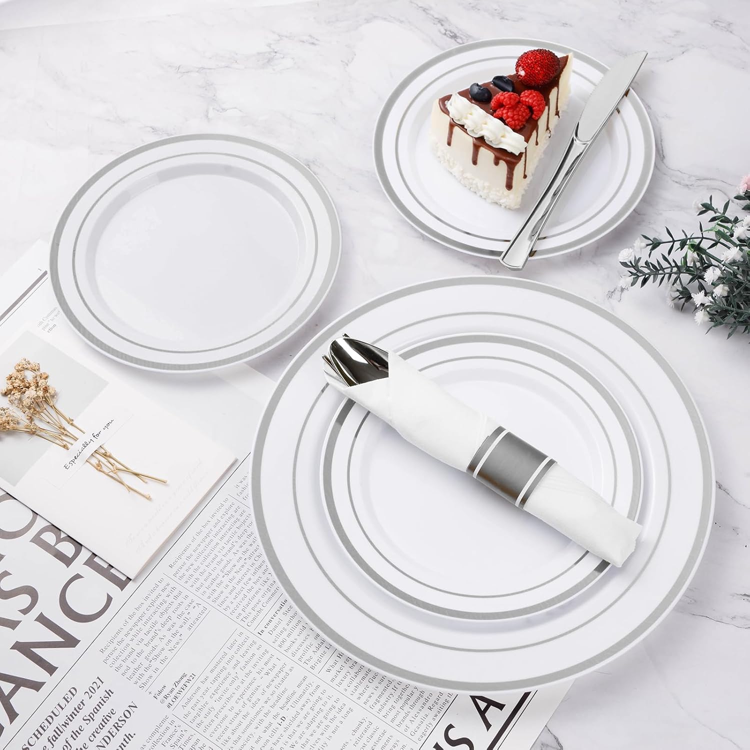 Detalle de BESTVIP YS-350 350-Piece Silver Plastic Dinnerware Set for 50 Guests