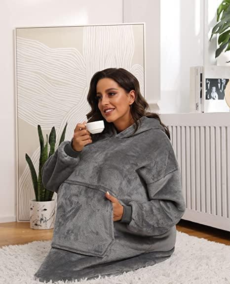 Thumbnail 5 de Lostrain Oversized Blanket Hoodie, Grey Sherpa-Lined Flannel with Hood and Pocket