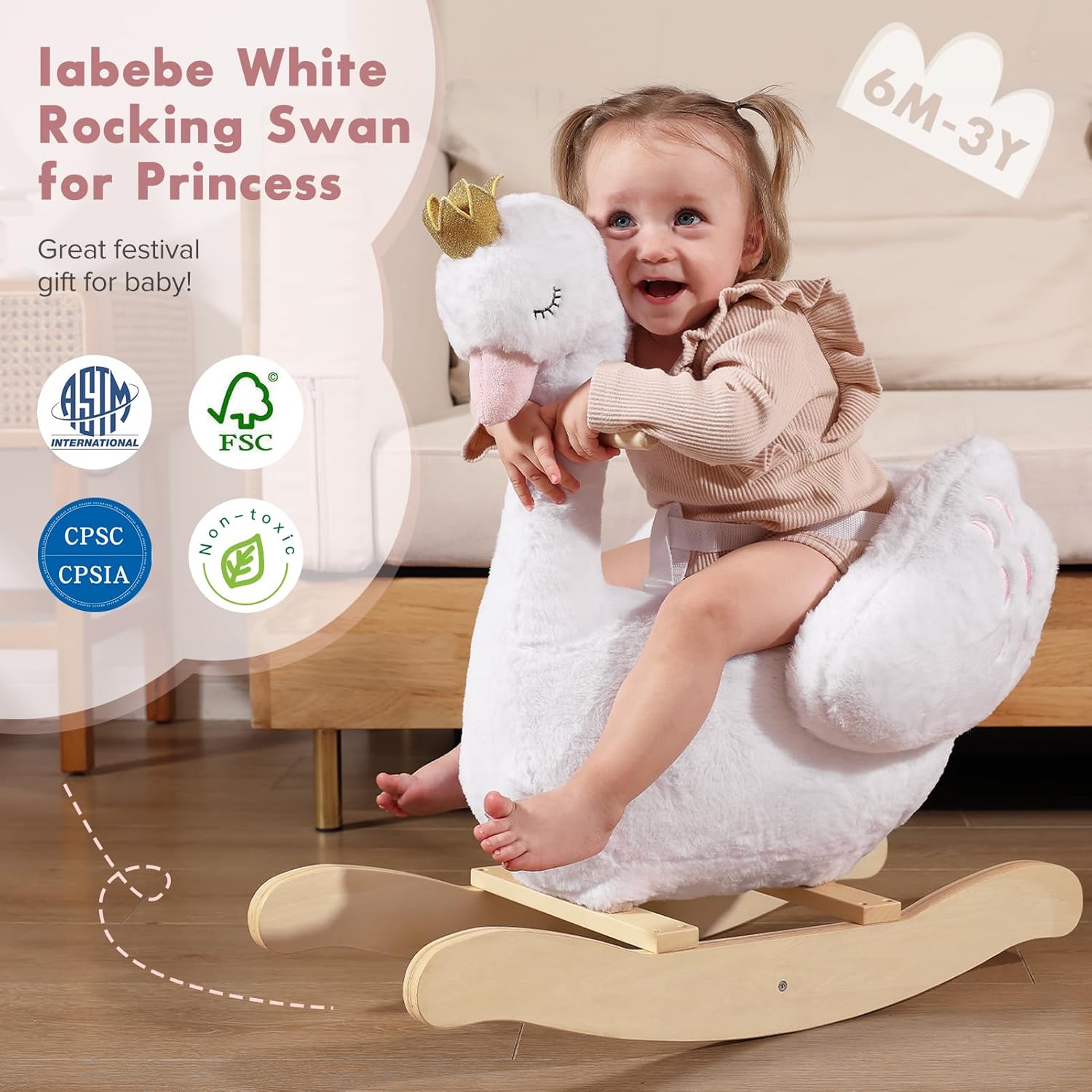 Thumbnail 1 de Labebe Kids Rocking Horse White Swan: Plush Wooden Rocker for Babies and Toddlers
